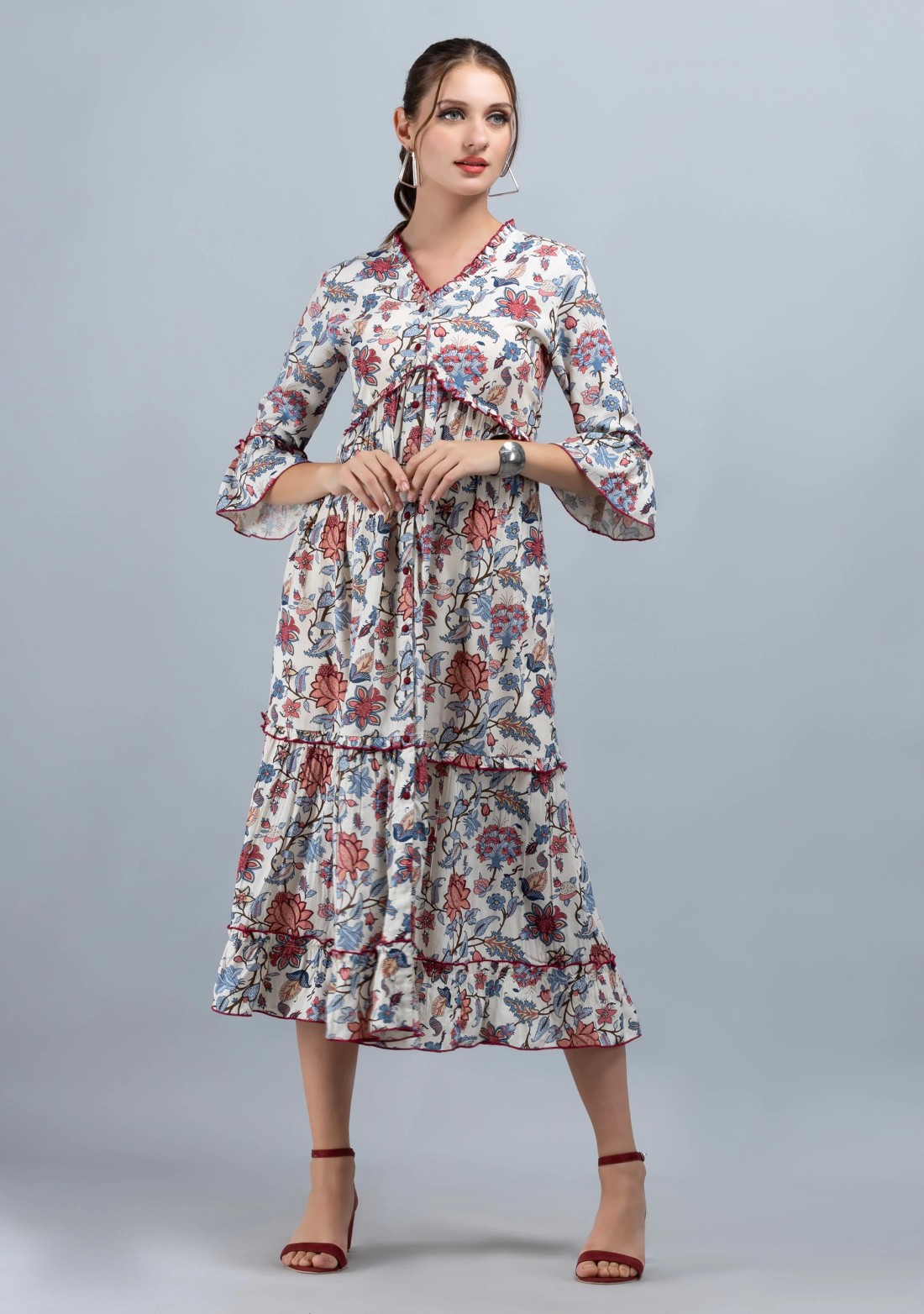 Multi-Colour Oriental Floral Printed Off-White Rayon Tier Dress