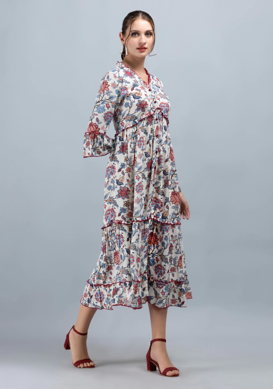 Multi-Colour Oriental Floral Printed Off-White Rayon Tier Dress