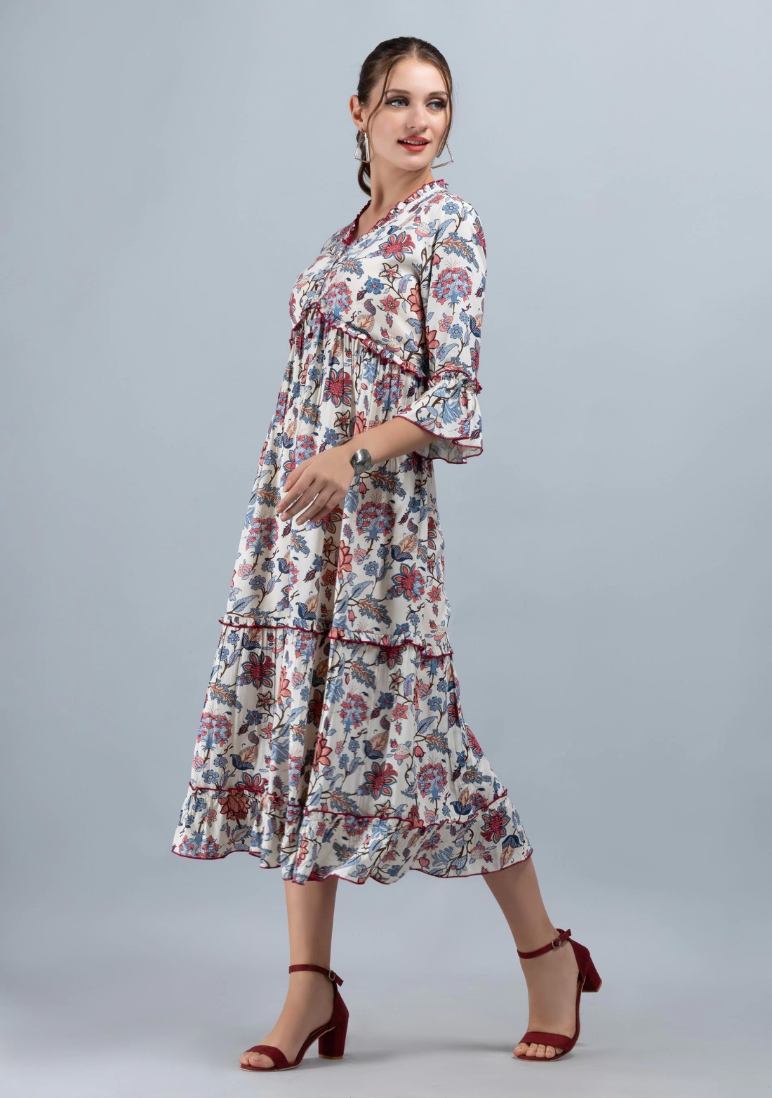 Multi-Colour Oriental Floral Printed Off-White Rayon Tier Dress