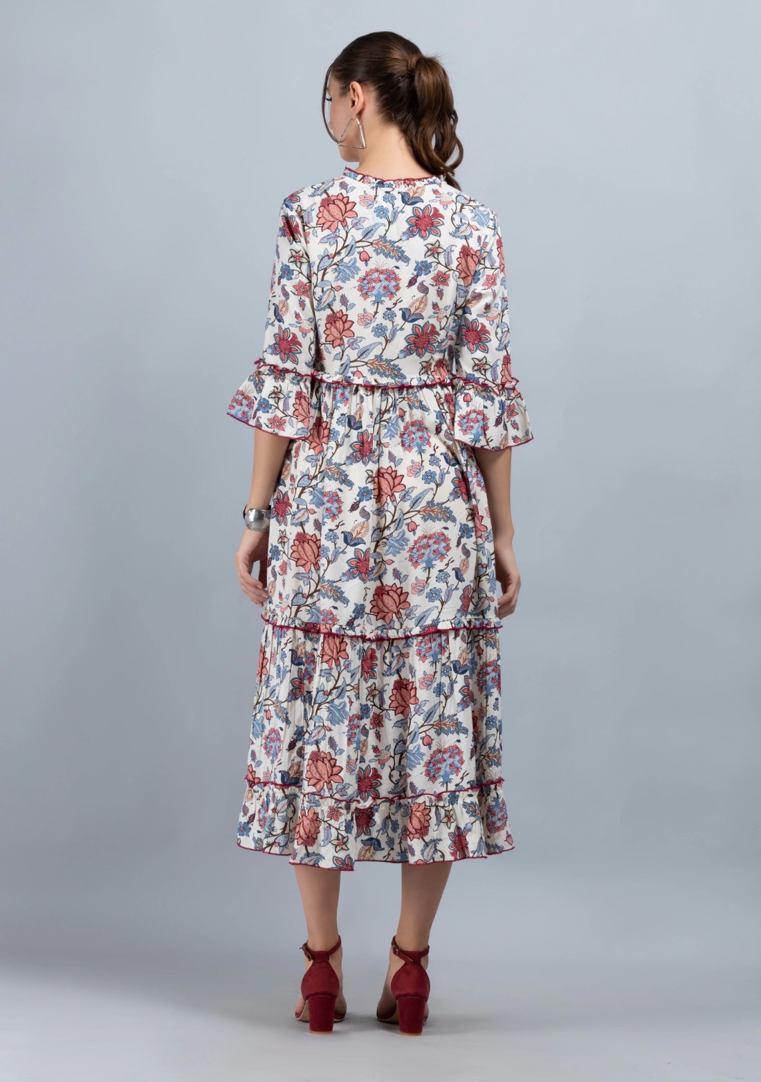 Multi-Colour Oriental Floral Printed Off-White Rayon Tier Dress