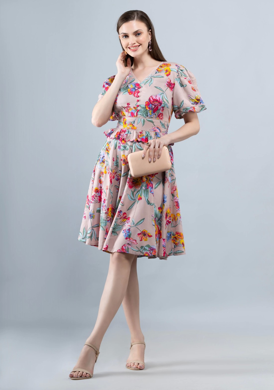 Multi Colour Floral Print Rayon Flared Knee Length Dress