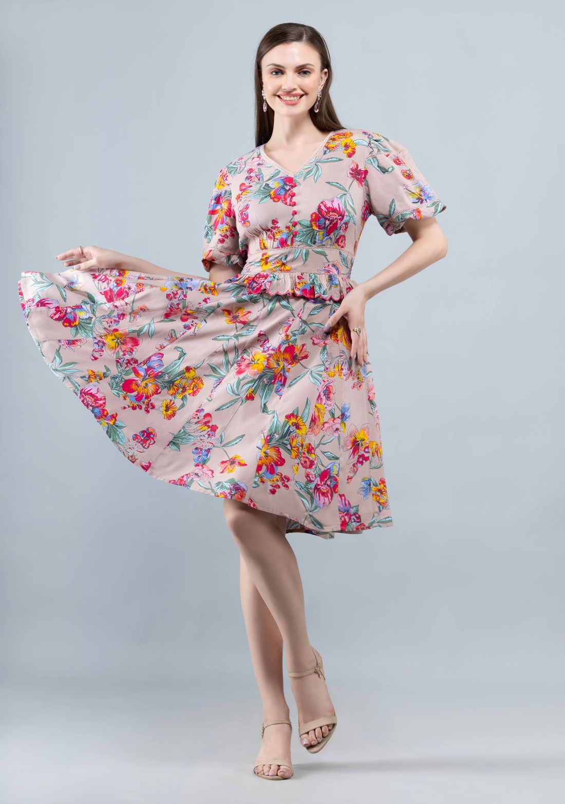 Multi Colour Floral Print Rayon Flared Knee Length Dress