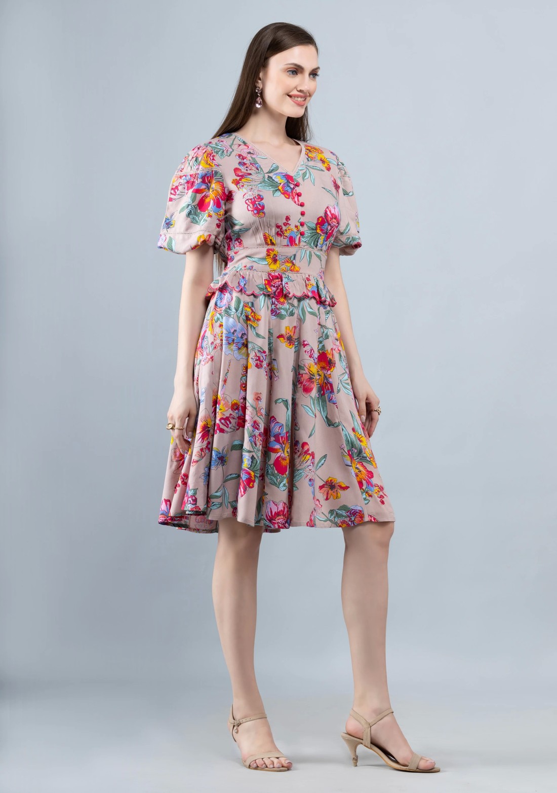 Multi Colour Floral Print Rayon Flared Knee Length Dress