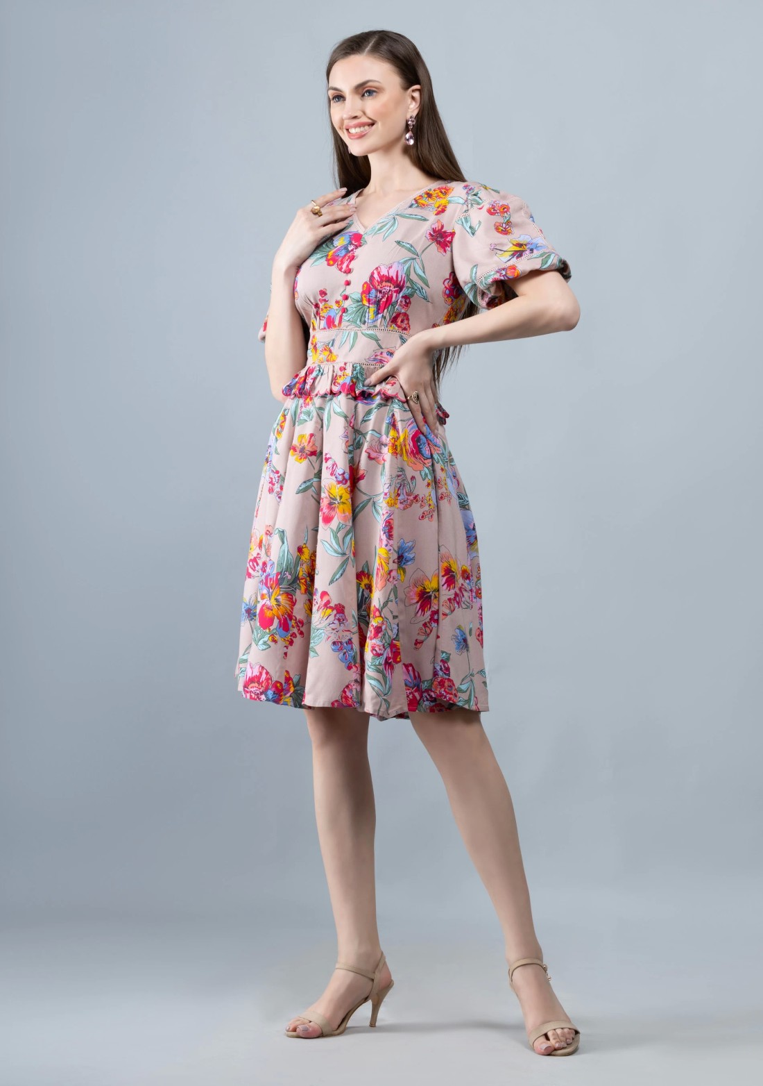 Multi Colour Floral Print Rayon Flared Knee Length Dress