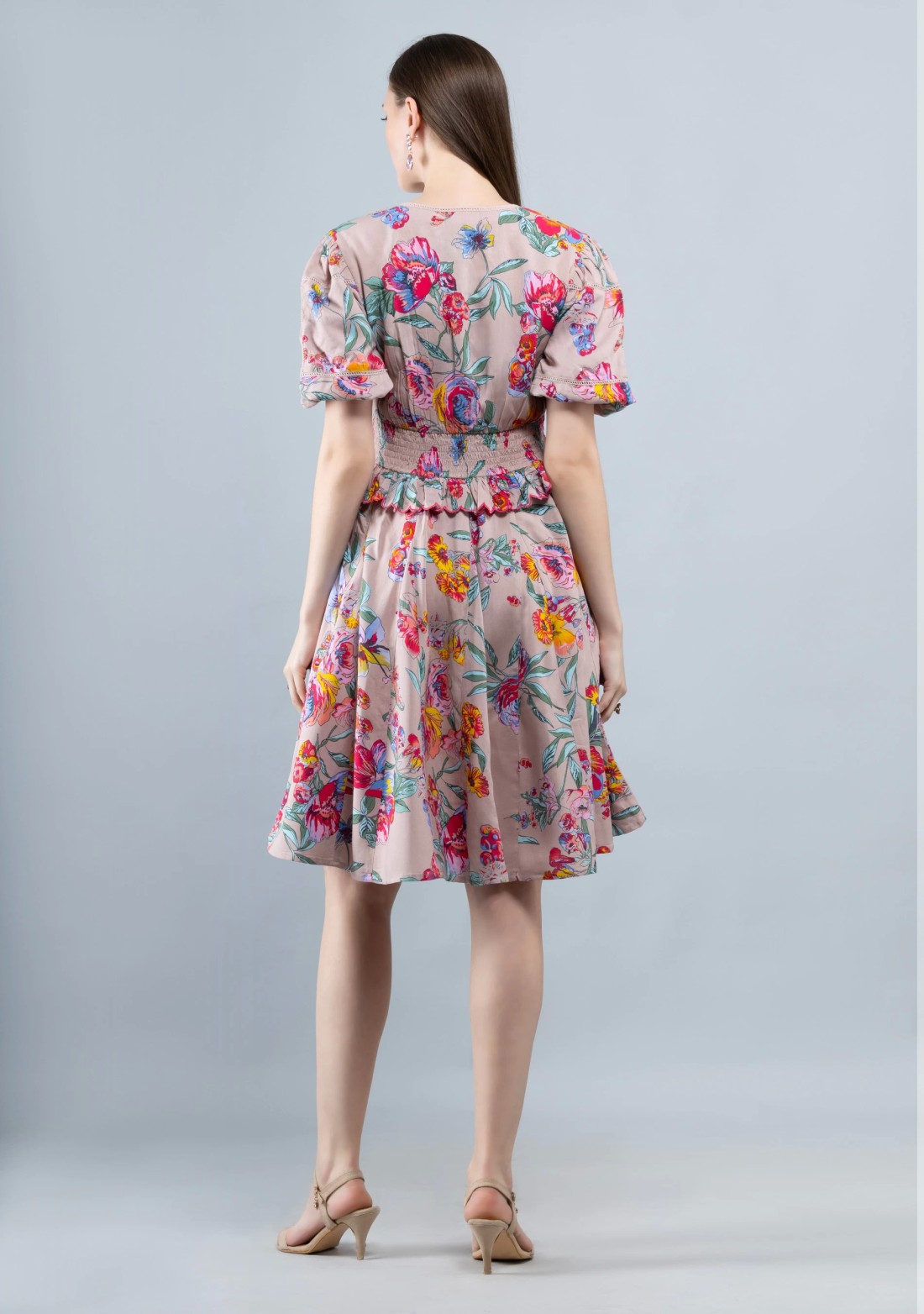 Multi Colour Floral Print Rayon Flared Knee Length Dress