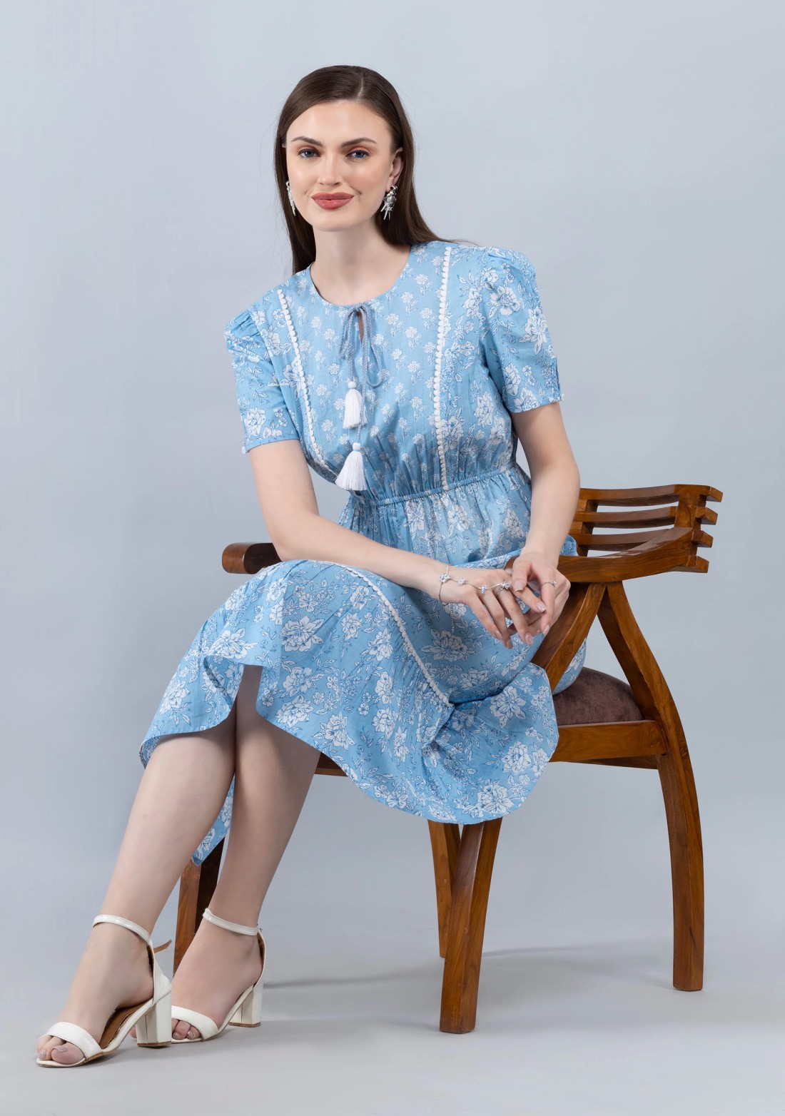 Floral Print Light Blue Cotton Flared Midi Dress