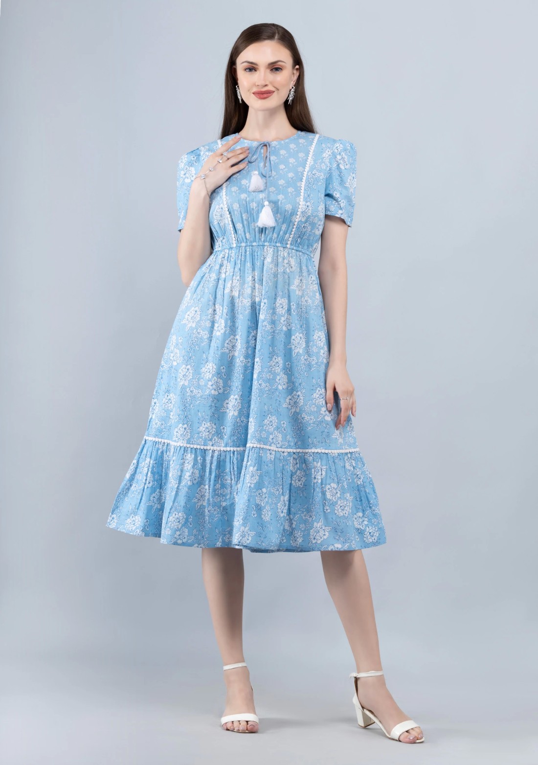 Floral Print Light Blue Cotton Flared Midi Dress