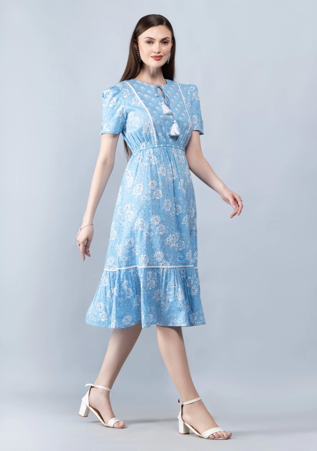 Floral Print Light Blue Cotton Flared Midi Dress