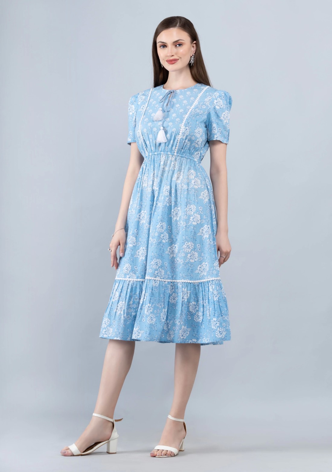 Floral Print Light Blue Cotton Flared Midi Dress