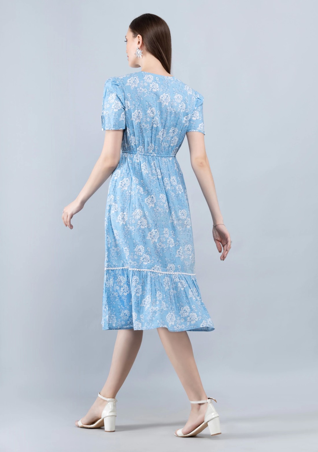 Floral Print Light Blue Cotton Flared Midi Dress