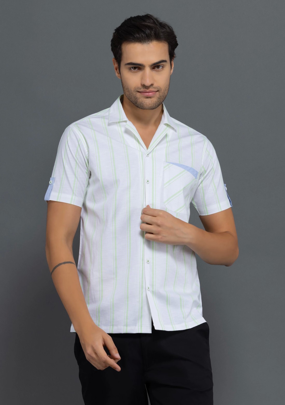 Green Stripe Print Slim Fit Rhysley Men's Shirt