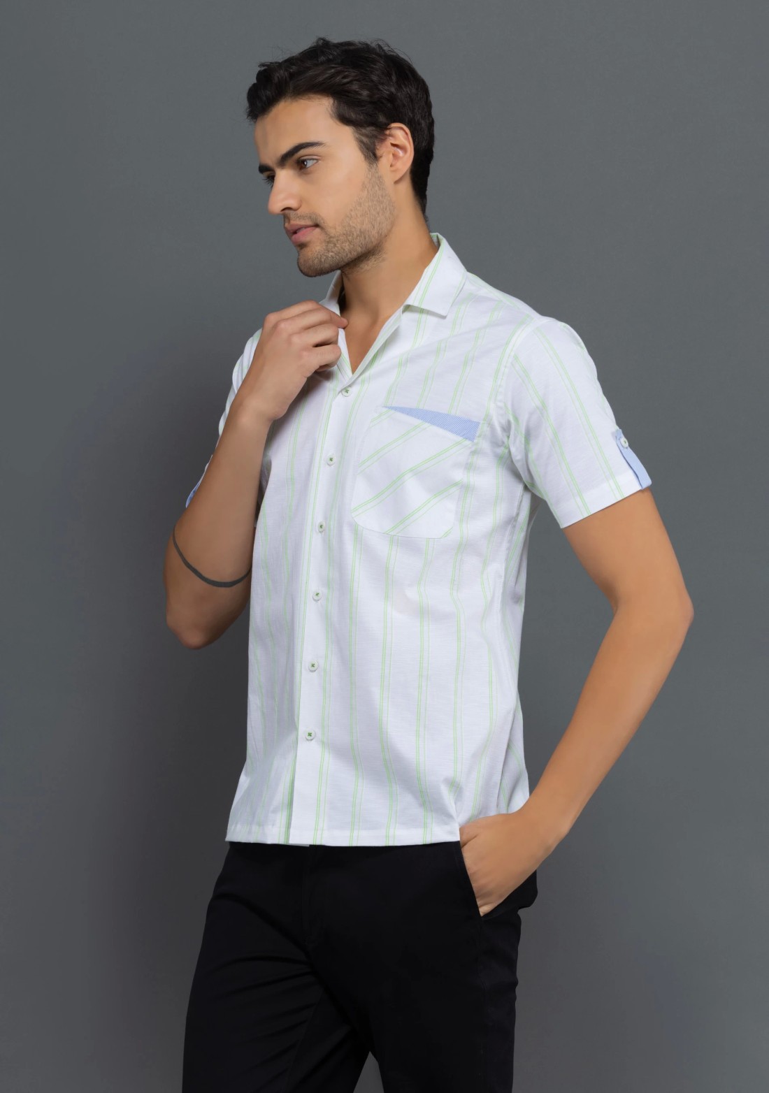 Green Stripe Print Slim Fit Rhysley Men's Shirt