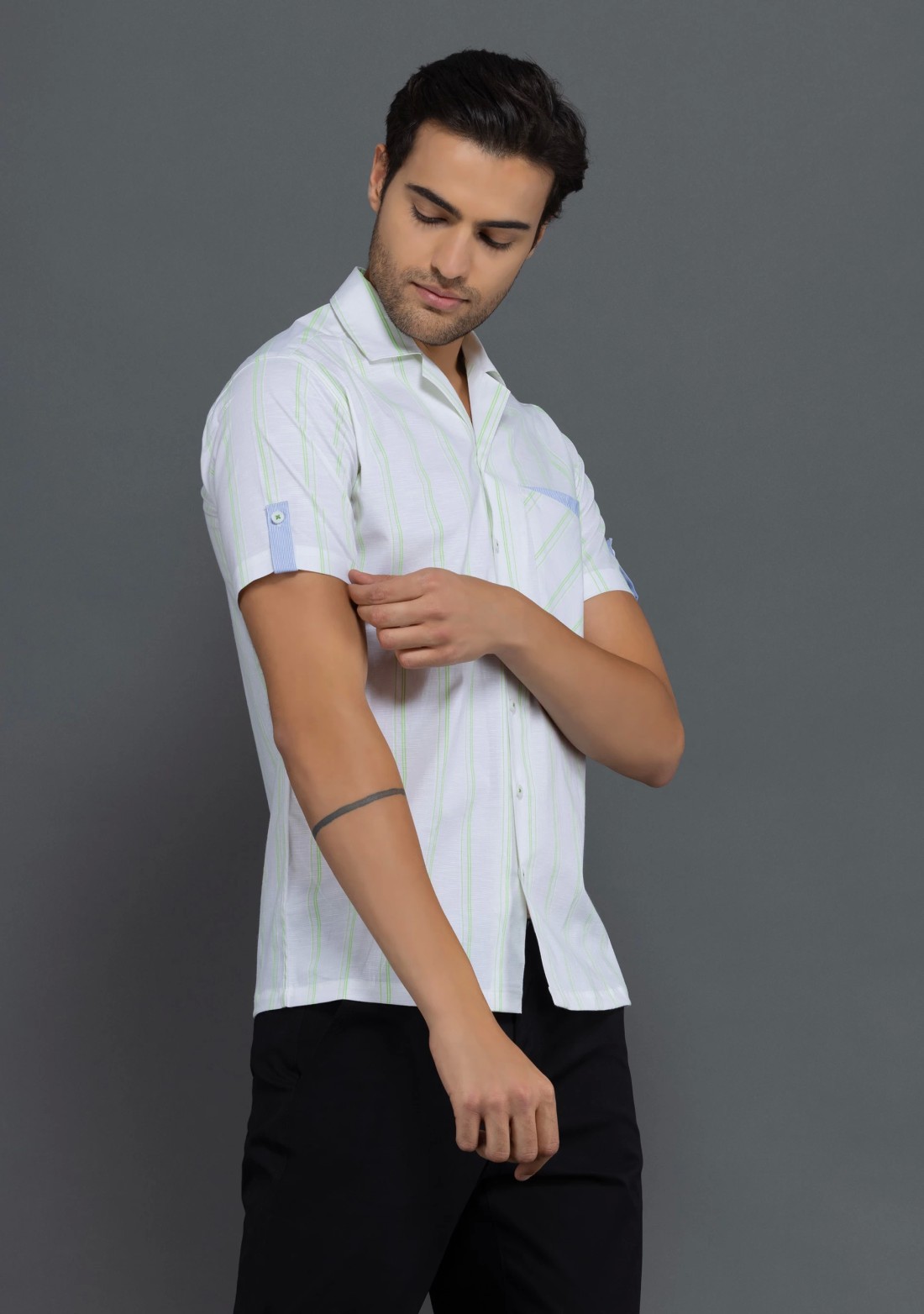 Green Stripe Print Slim Fit Rhysley Men's Shirt