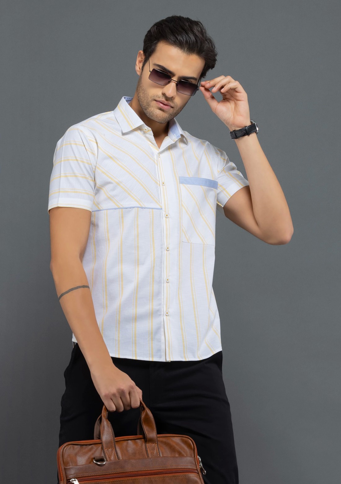 Yellow Stripe Print Slim Fit Rhysley Men's shirt