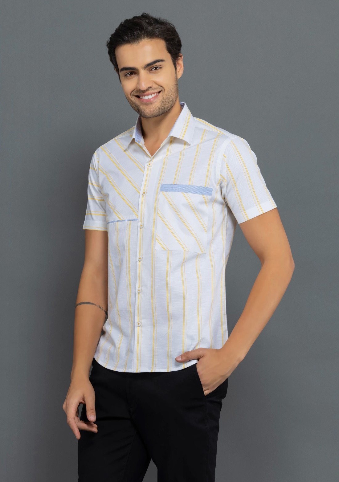 Yellow Stripe Print Slim Fit Rhysley Men's shirt