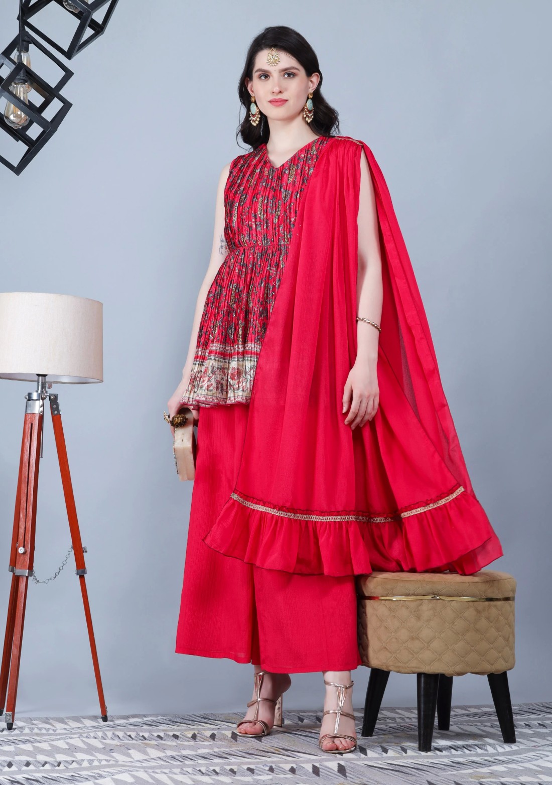 Fuchsia Pink Pleated Embroidered Chinnon Printed Peplum Kurta Sharara with Dupatta