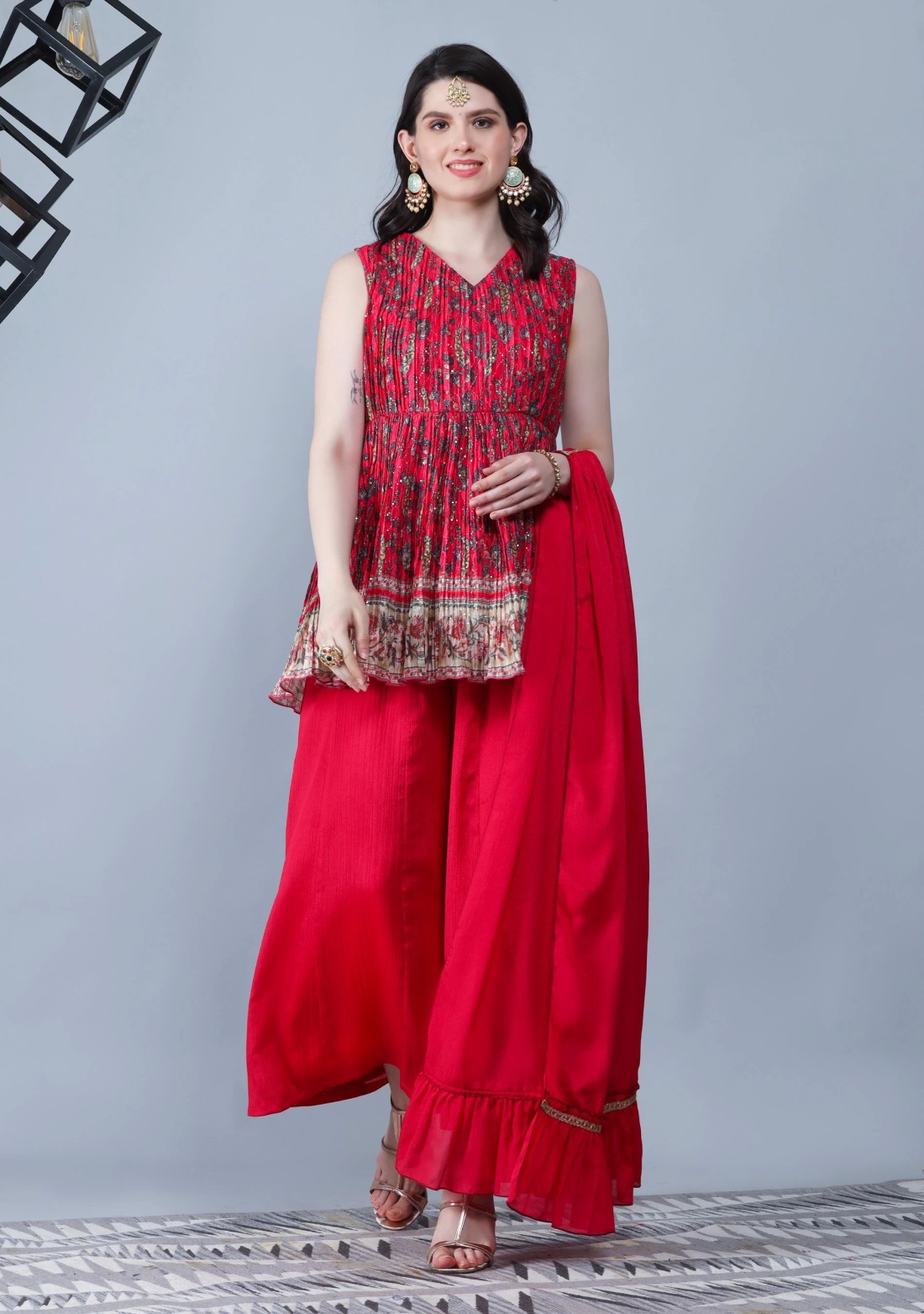 Fuchsia Pink Pleated Embroidered Chinnon Printed Peplum Kurta Sharara with Dupatta