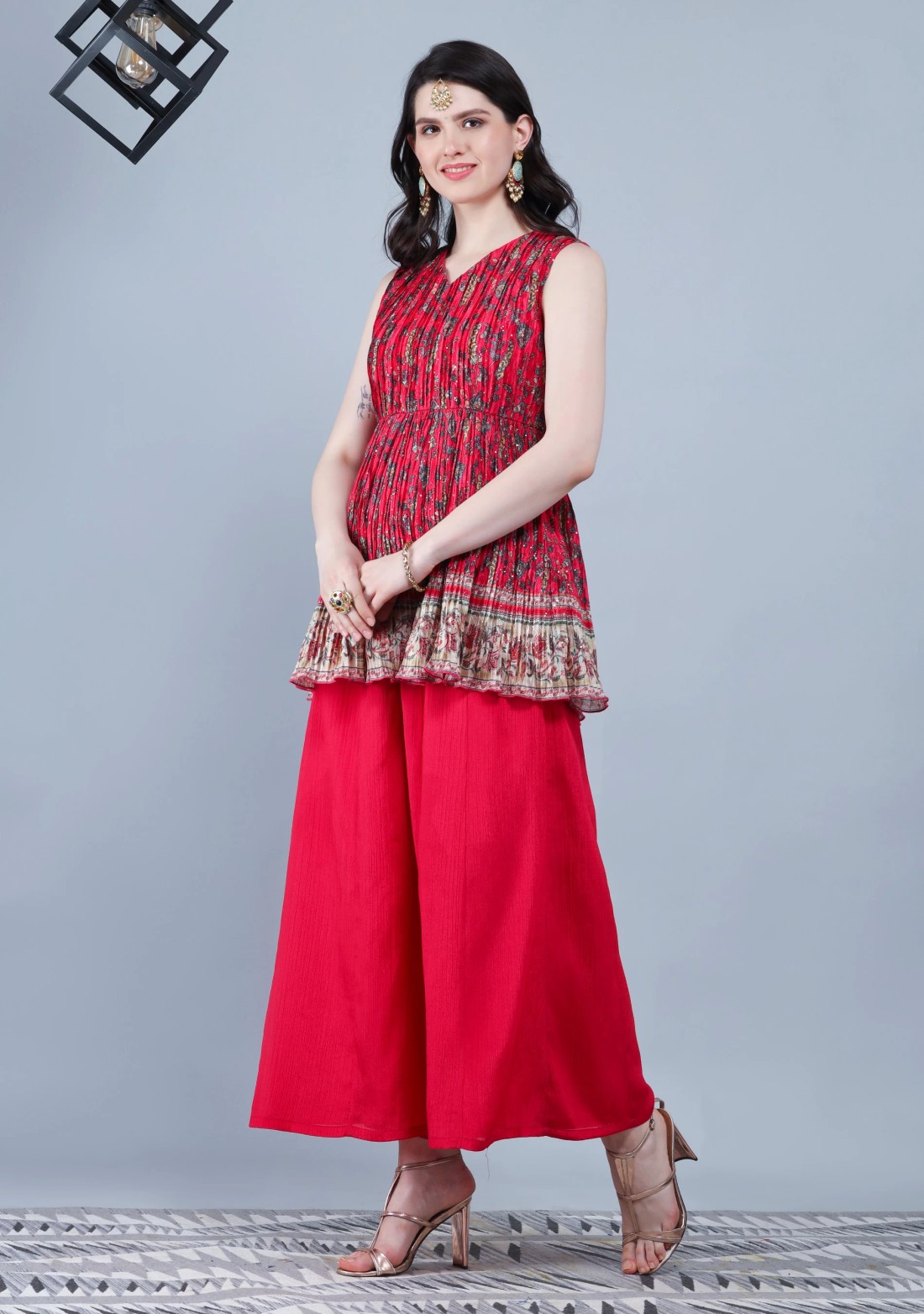 Fuchsia Pink Pleated Embroidered Chinnon Printed Peplum Kurta Sharara with Dupatta