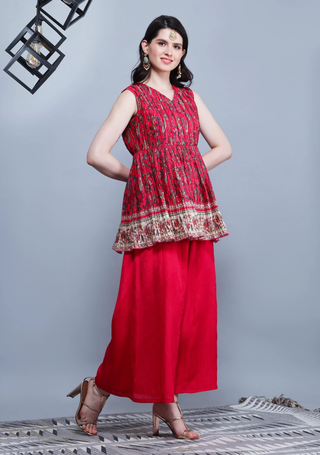 Fuchsia Pink Pleated Embroidered Chinnon Printed Peplum Kurta Sharara with Dupatta