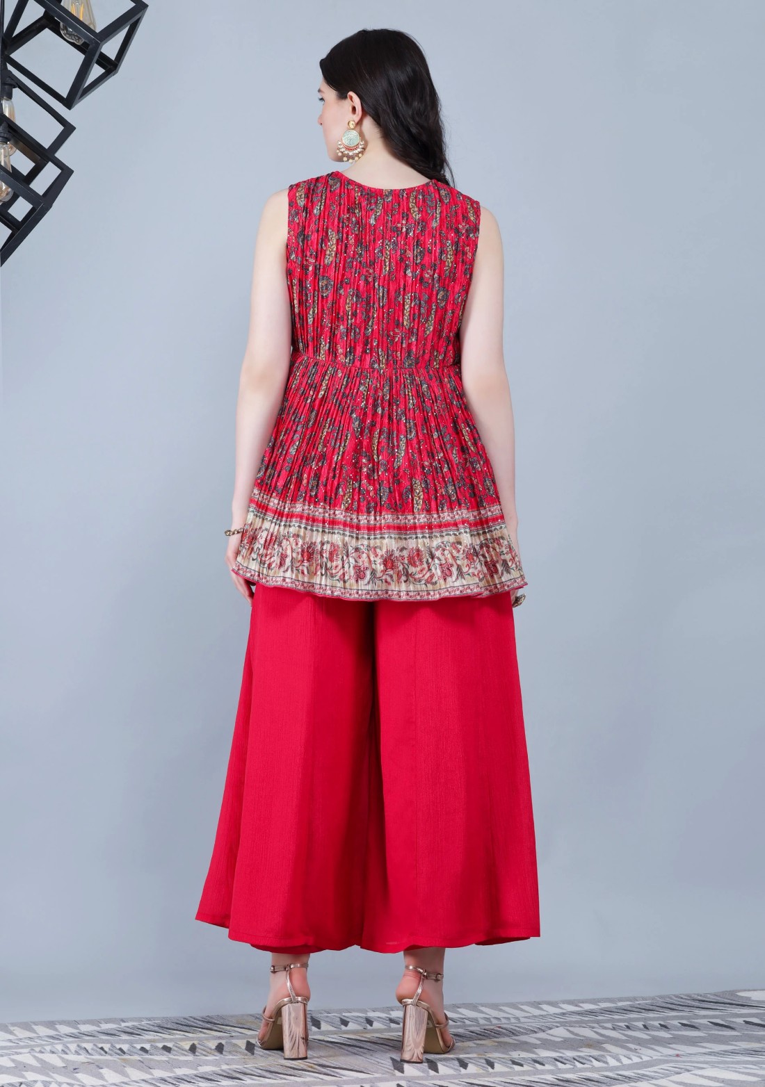 Fuchsia Pink Pleated Embroidered Chinnon Printed Peplum Kurta Sharara with Dupatta