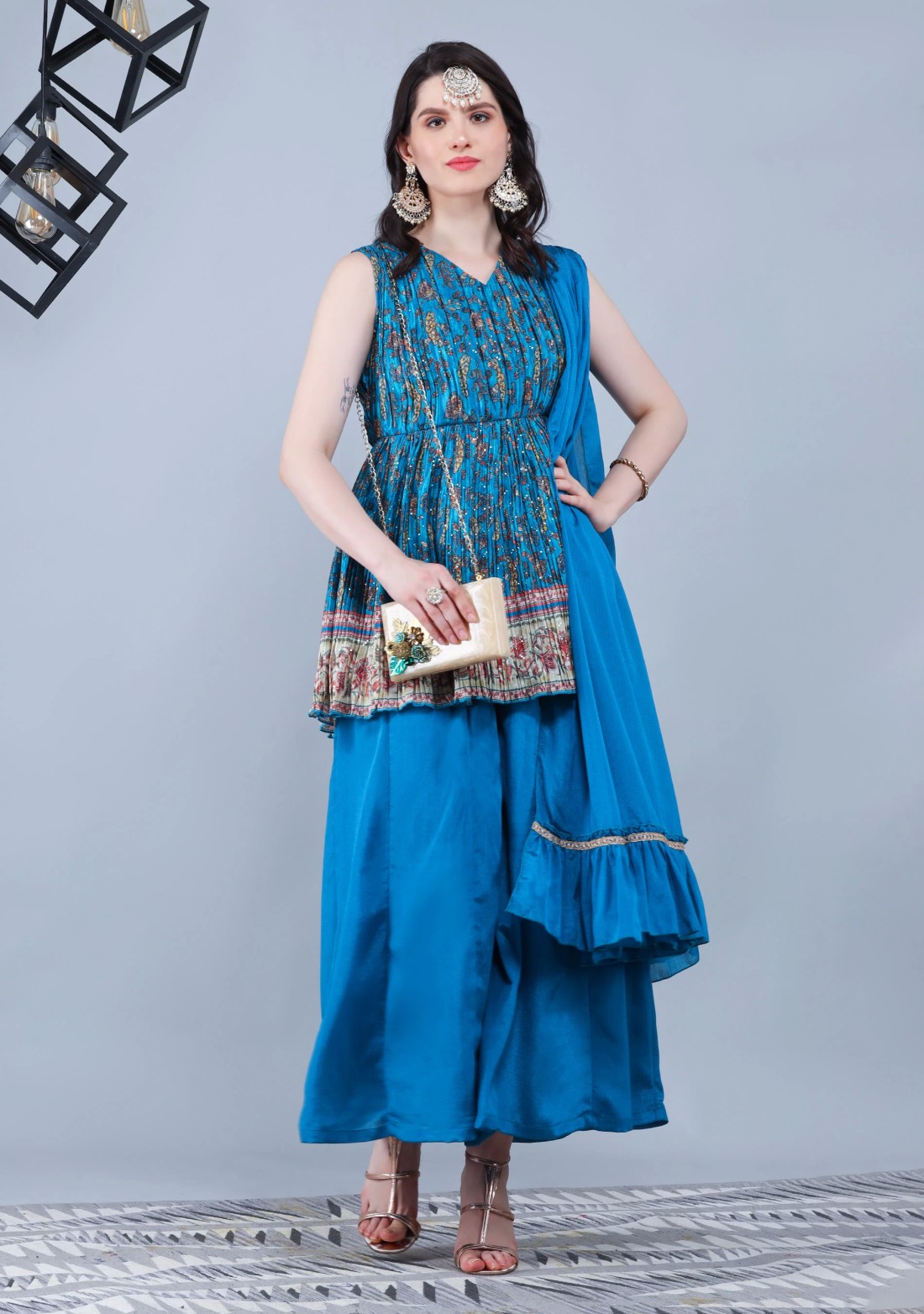 Turquoise Pleated Embroidered Chinnon Printed Peplum Kurta Sharara with Dupatta