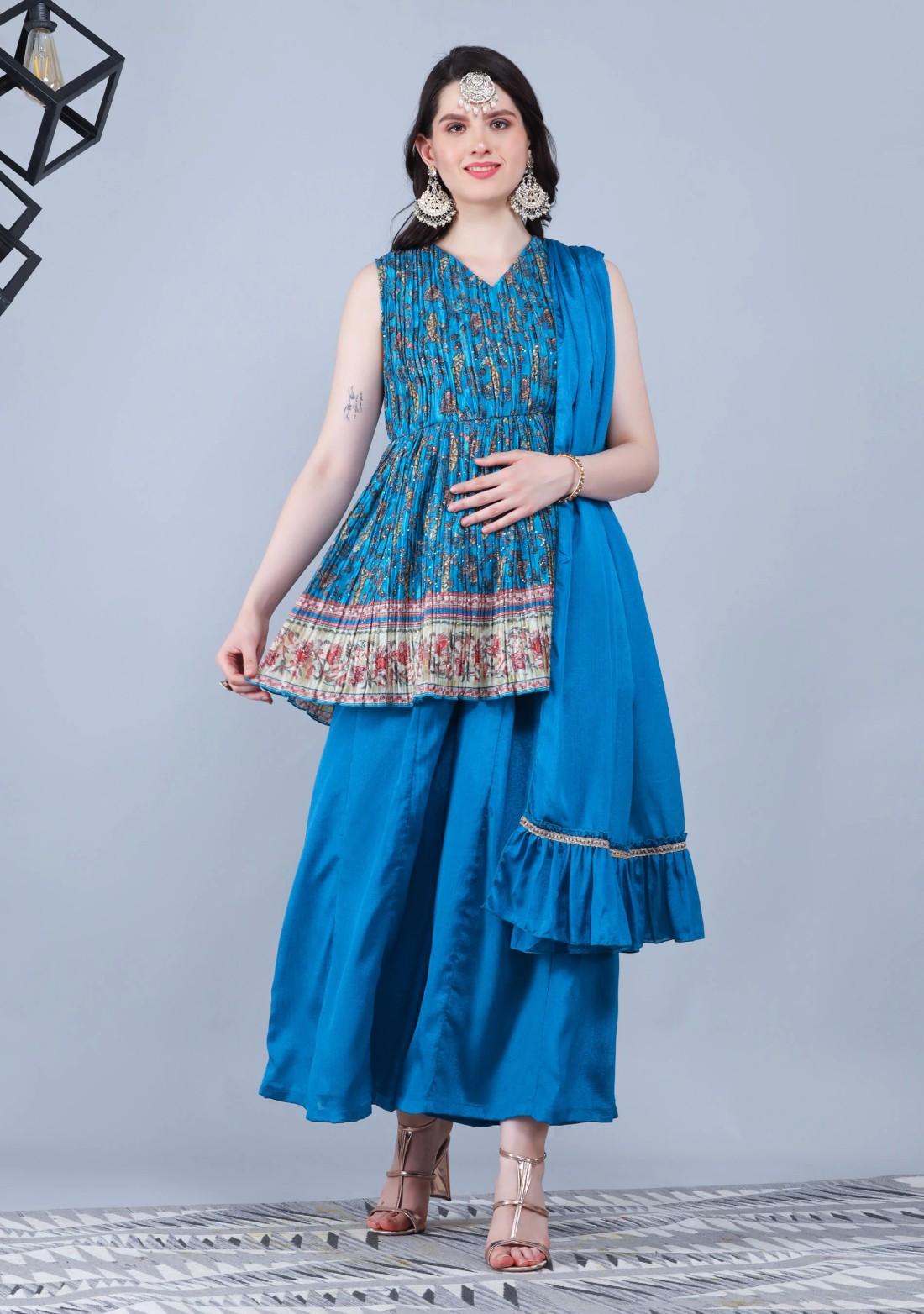 Turquoise Pleated Embroidered Chinnon Printed Peplum Kurta Sharara with Dupatta