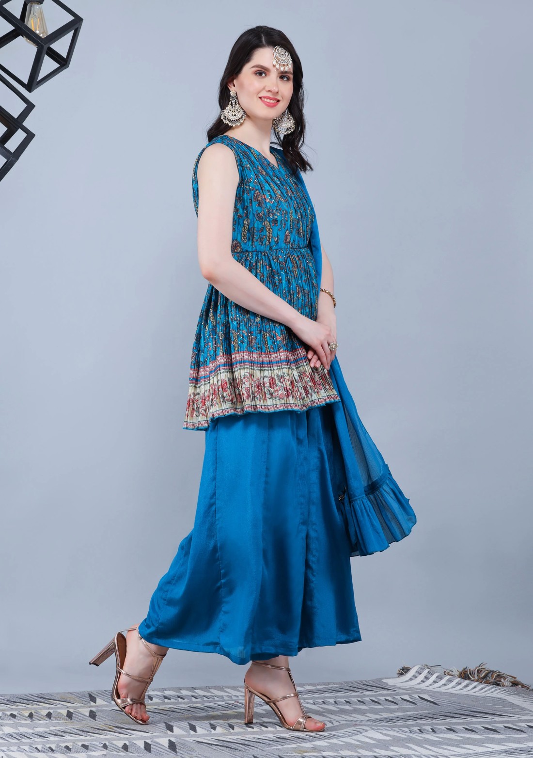 Turquoise Pleated Embroidered Chinnon Printed Peplum Kurta Sharara with Dupatta