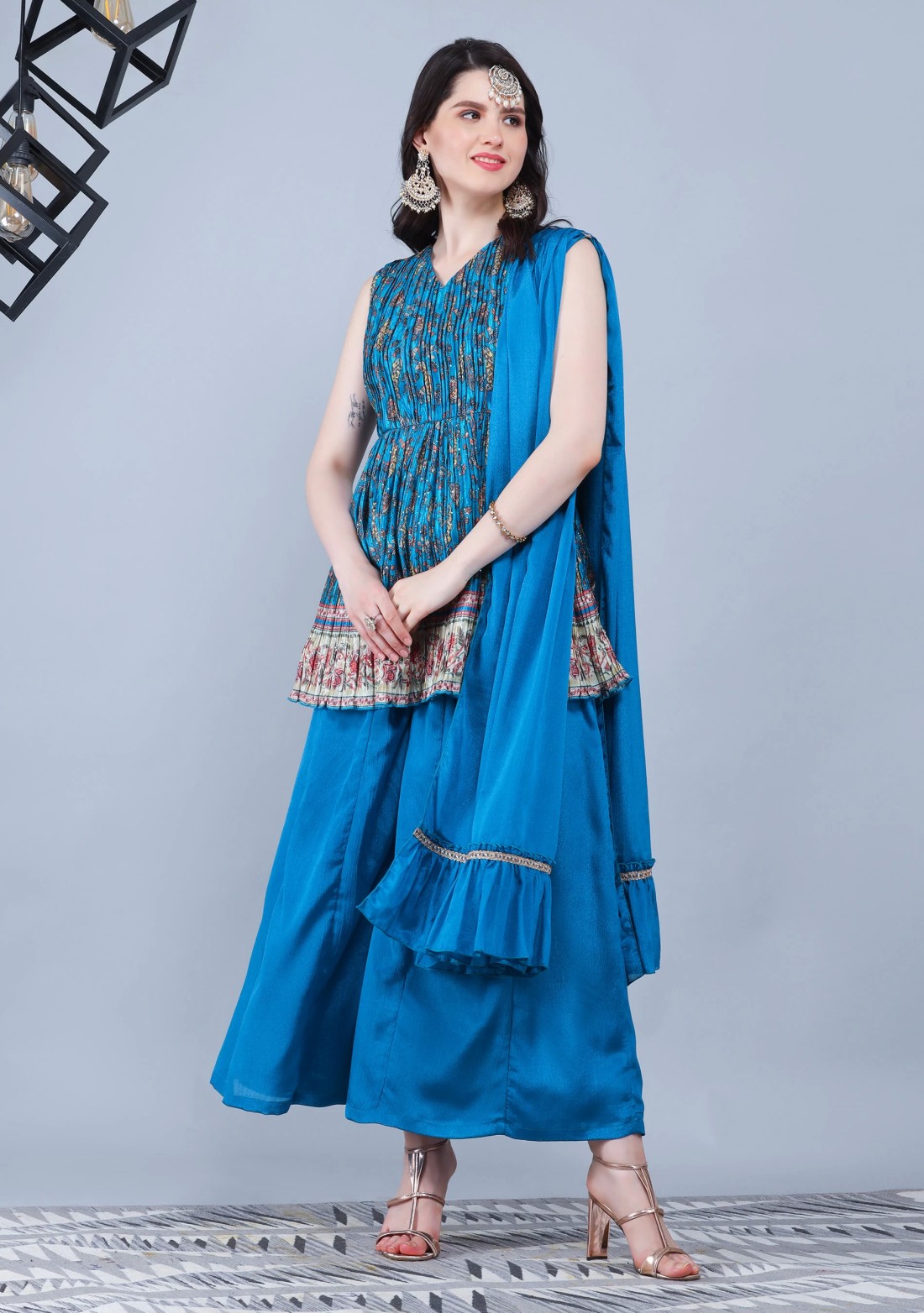 Turquoise Pleated Embroidered Chinnon Printed Peplum Kurta Sharara with Dupatta