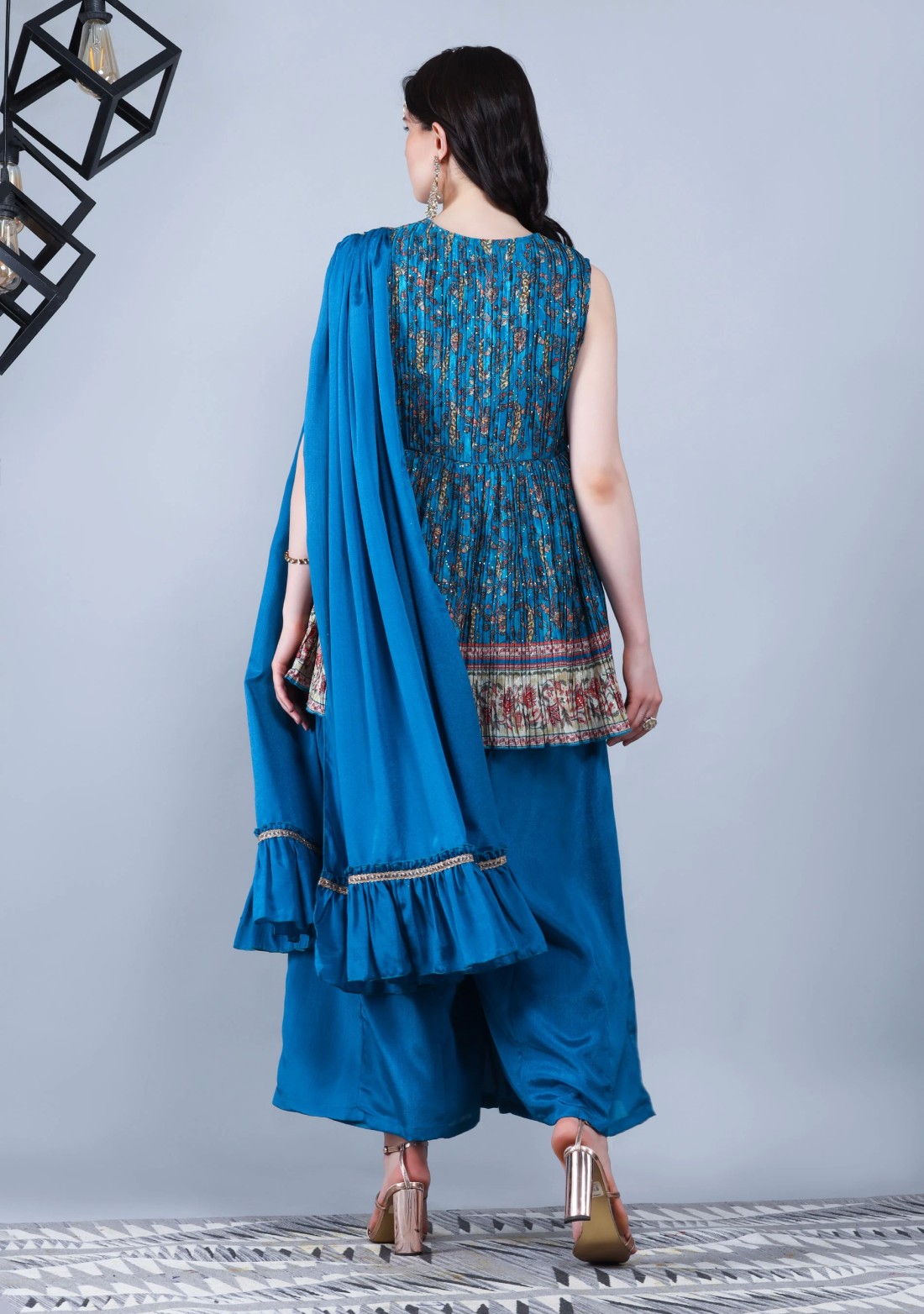 Turquoise Pleated Embroidered Chinnon Printed Peplum Kurta Sharara with Dupatta