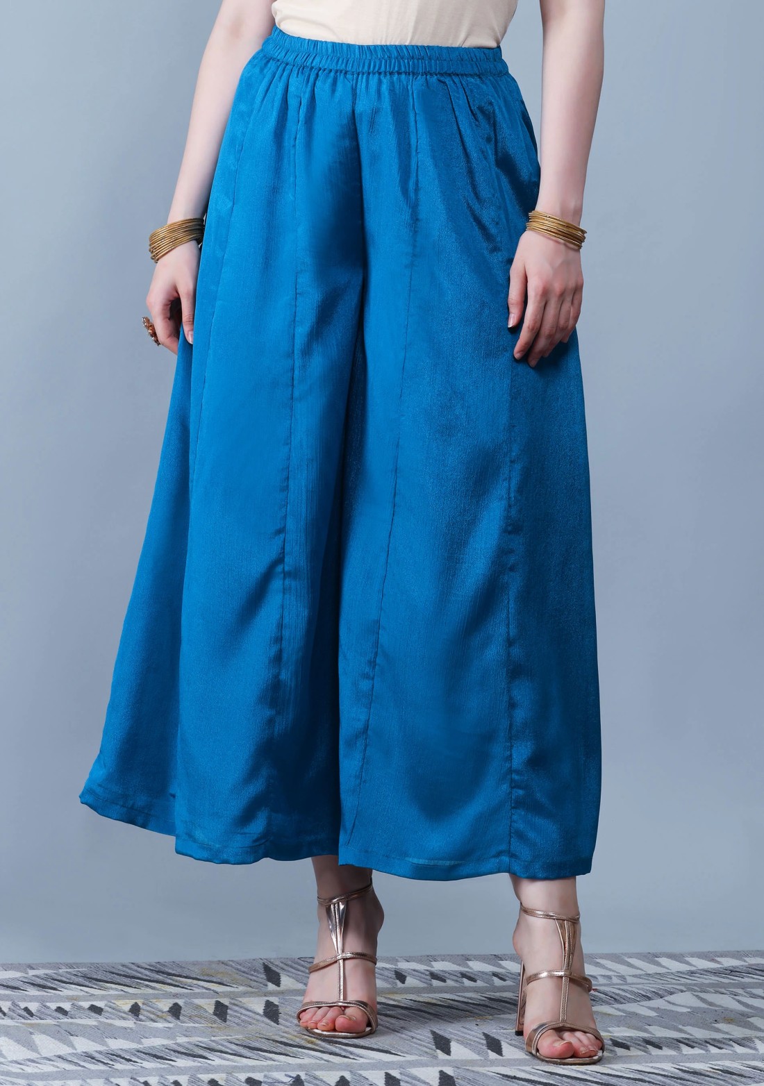 Turquoise Pleated Embroidered Chinnon Printed Peplum Kurta Sharara with Dupatta