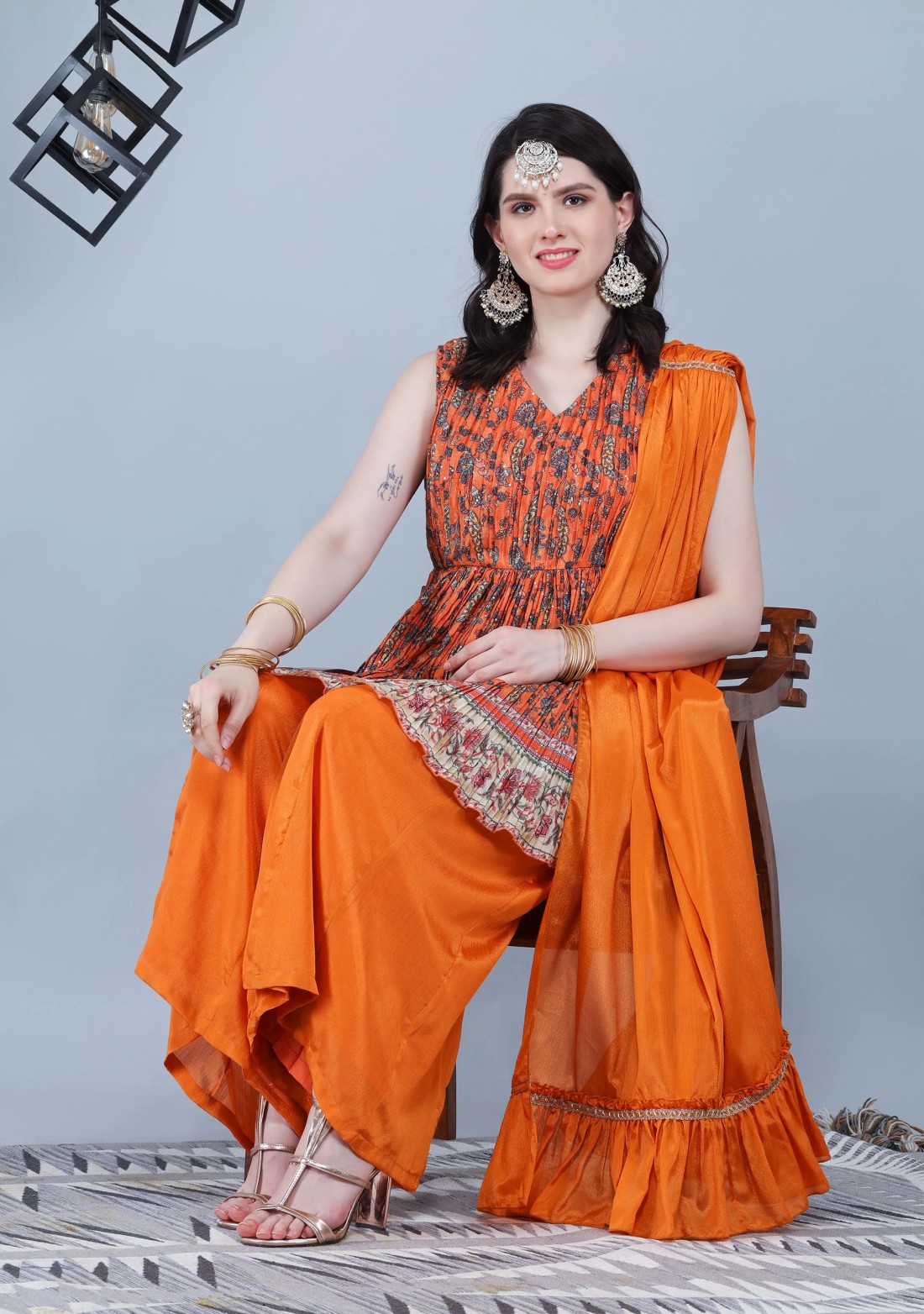 Tangerine Orange Pleated Embroidered Chinnon Printed Peplum Kurta Sharara With Dupatta