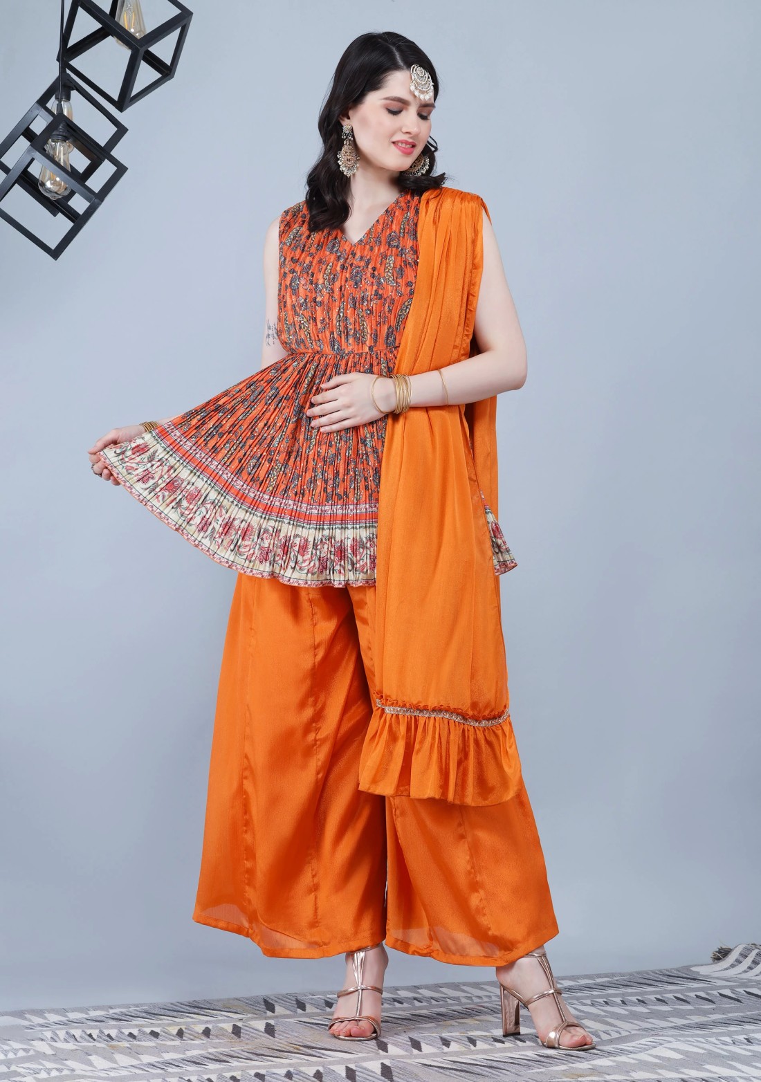 Tangerine Orange Pleated Embroidered Chinnon Printed Peplum Kurta Sharara With Dupatta