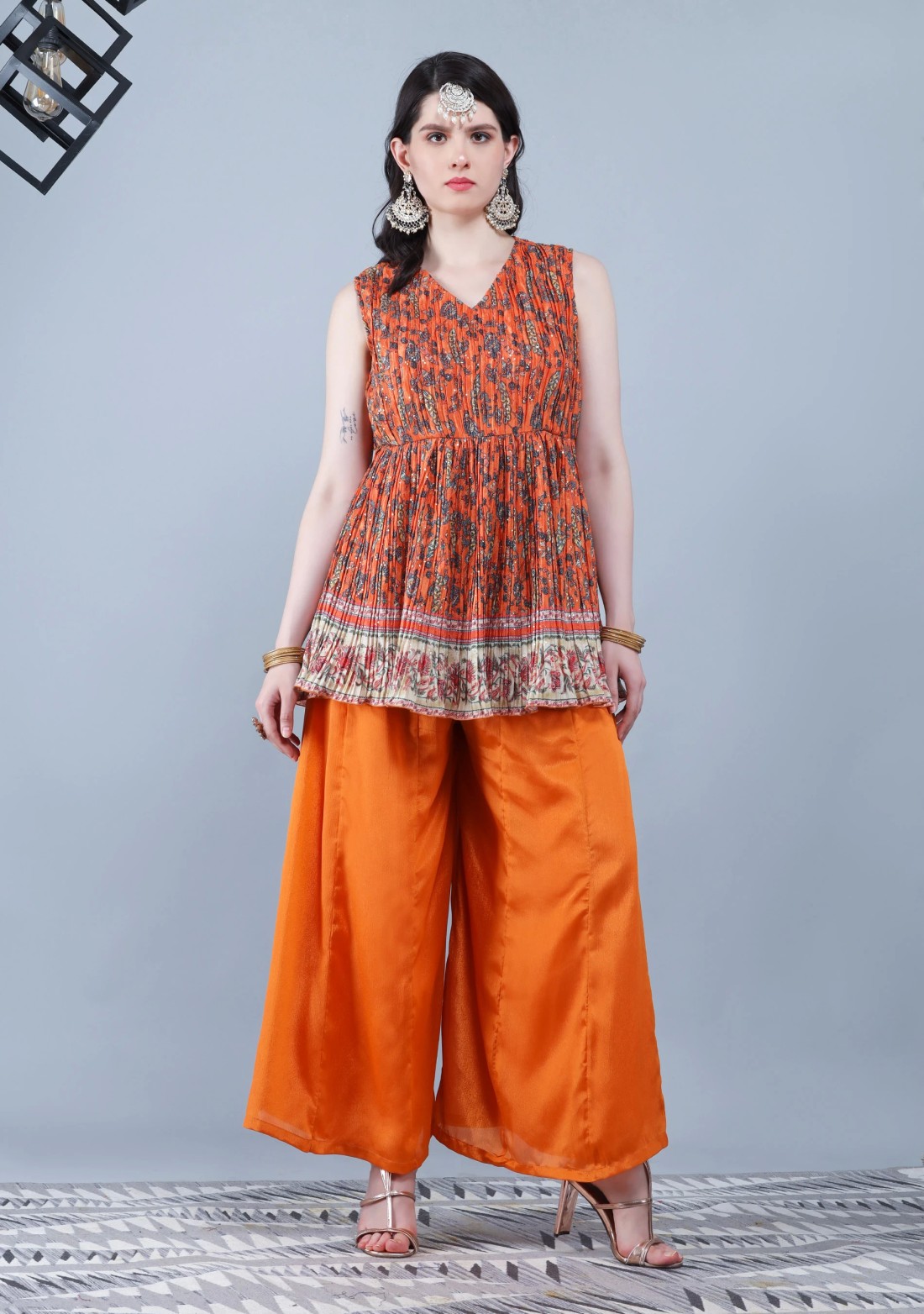 Tangerine Orange Pleated Embroidered Chinnon Printed Peplum Kurta Sharara With Dupatta