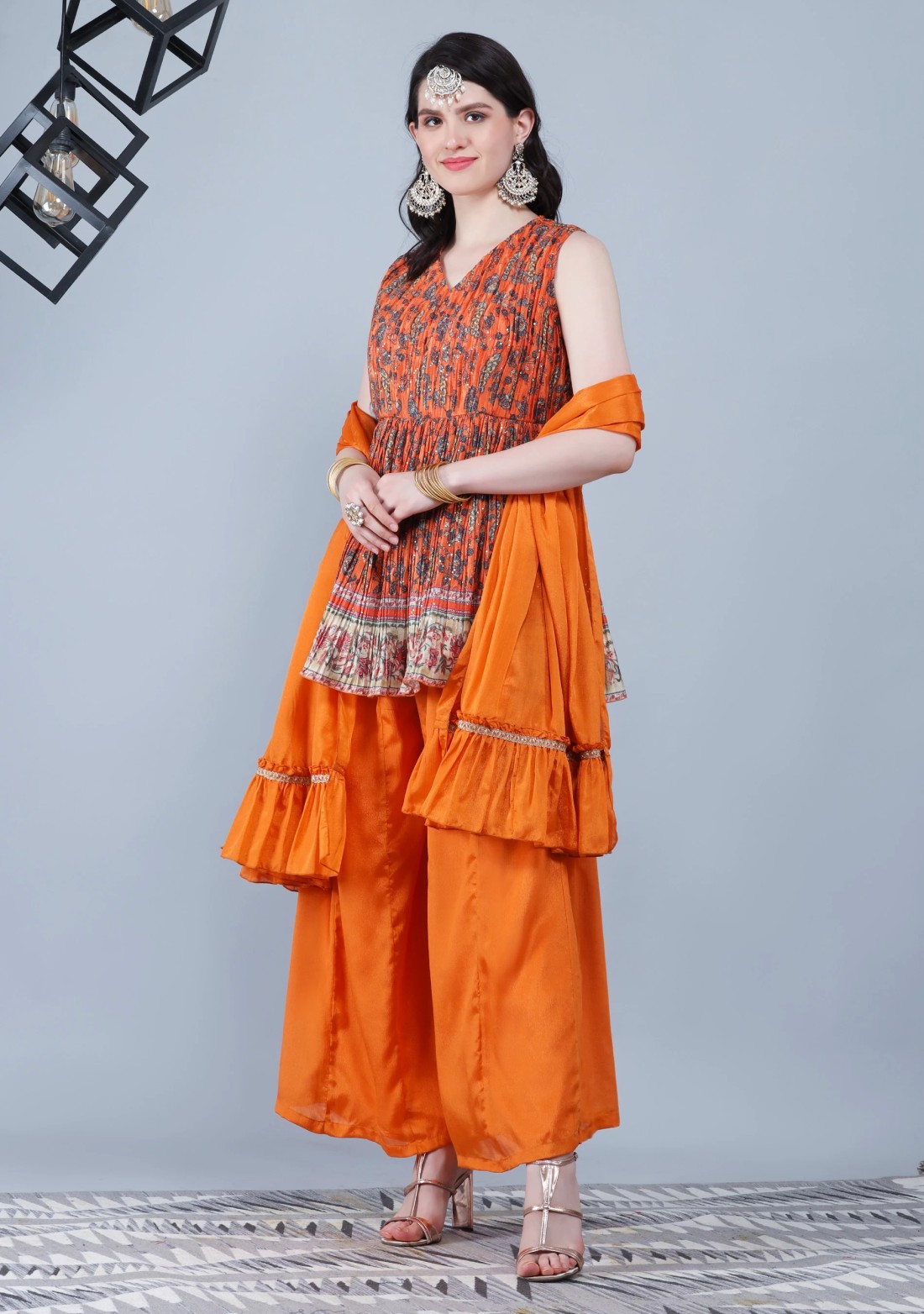 Tangerine Orange Pleated Embroidered Chinnon Printed Peplum Kurta Sharara With Dupatta