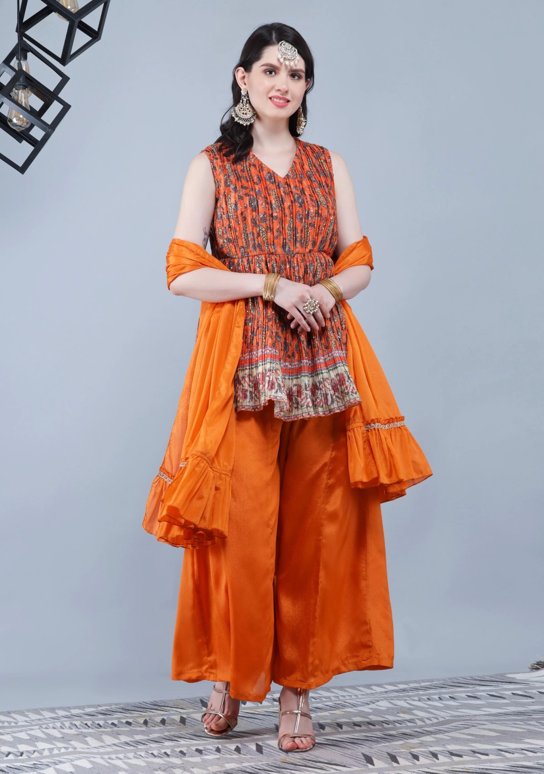 Tangerine Orange Pleated Embroidered Chinnon Printed Peplum Kurta Sharara With Dupatta