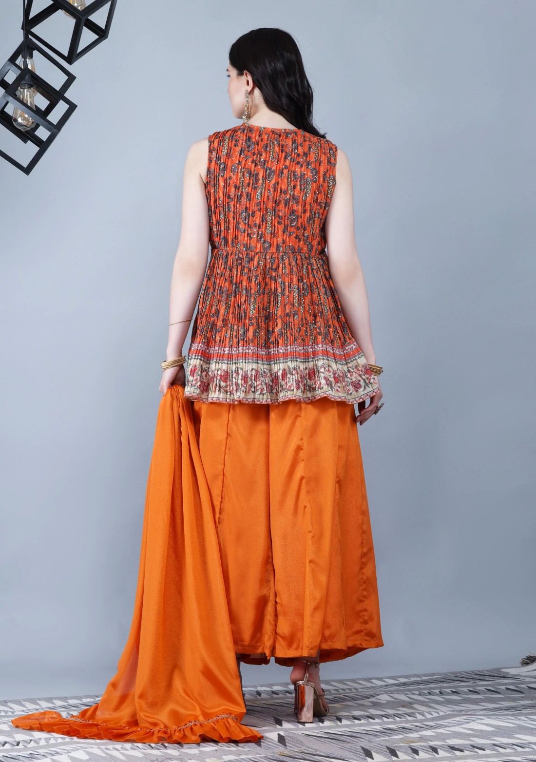 Tangerine Orange Pleated Embroidered Chinnon Printed Peplum Kurta Sharara With Dupatta