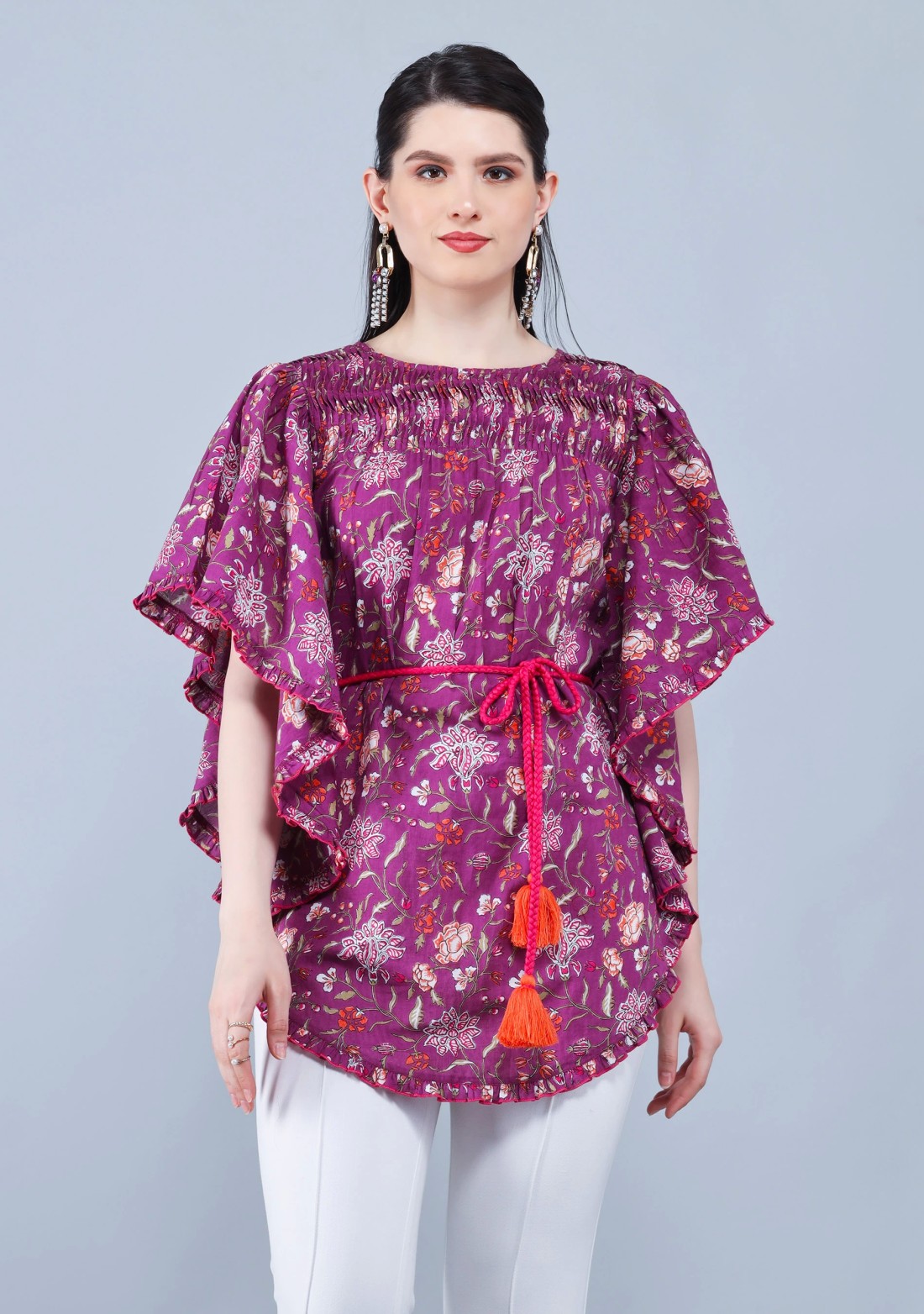 Purple Ethnic Floral Motif Print Cotton Kaftan Top