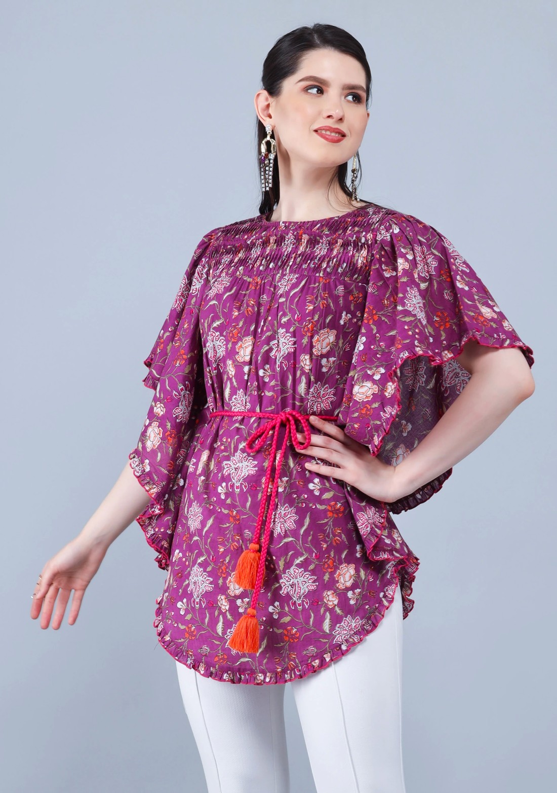 Purple Ethnic Floral Motif Print Cotton Kaftan Top