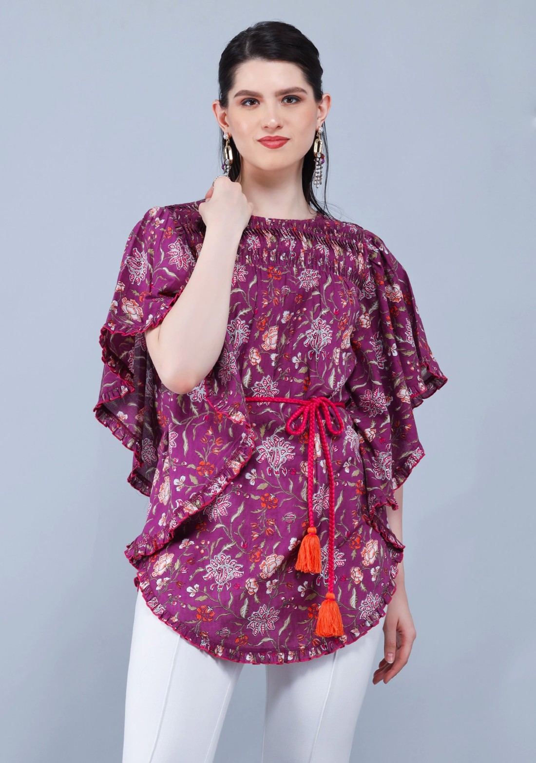 Purple Ethnic Floral Motif Print Cotton Kaftan Top