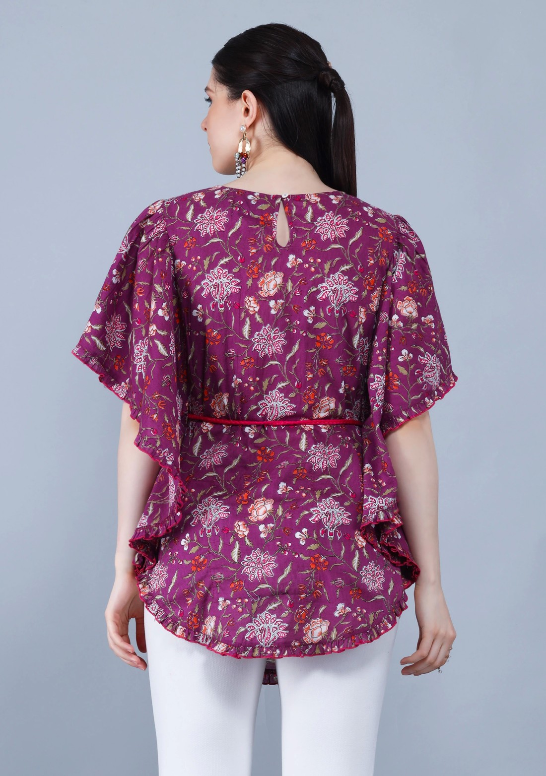 Purple Ethnic Floral Motif Print Cotton Kaftan Top