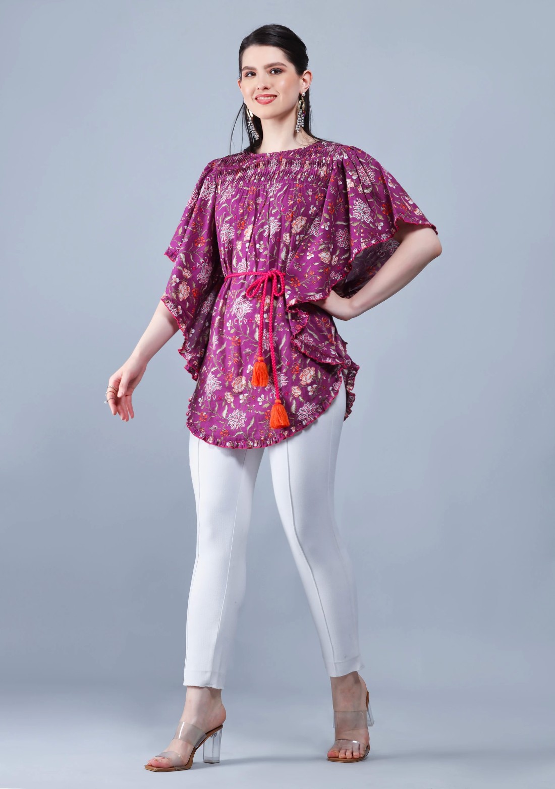 Purple Ethnic Floral Motif Print Cotton Kaftan Top