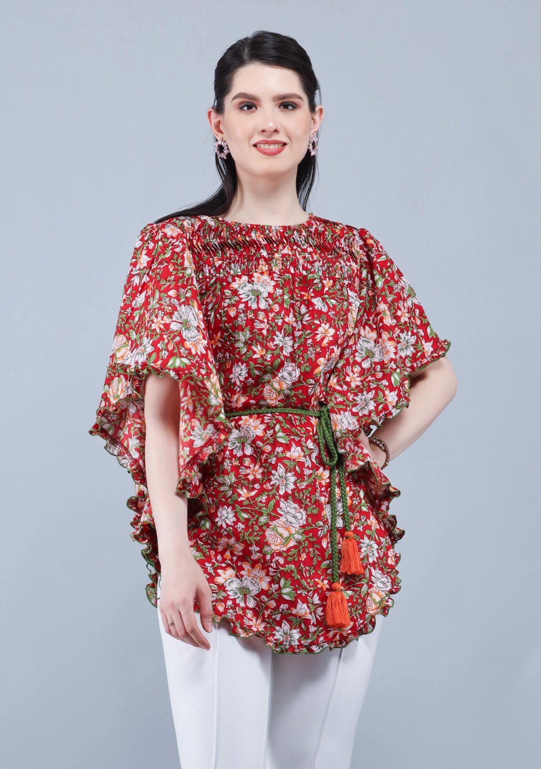 Rust Ethnic Floral Motif Print Cotton Kaftan Top