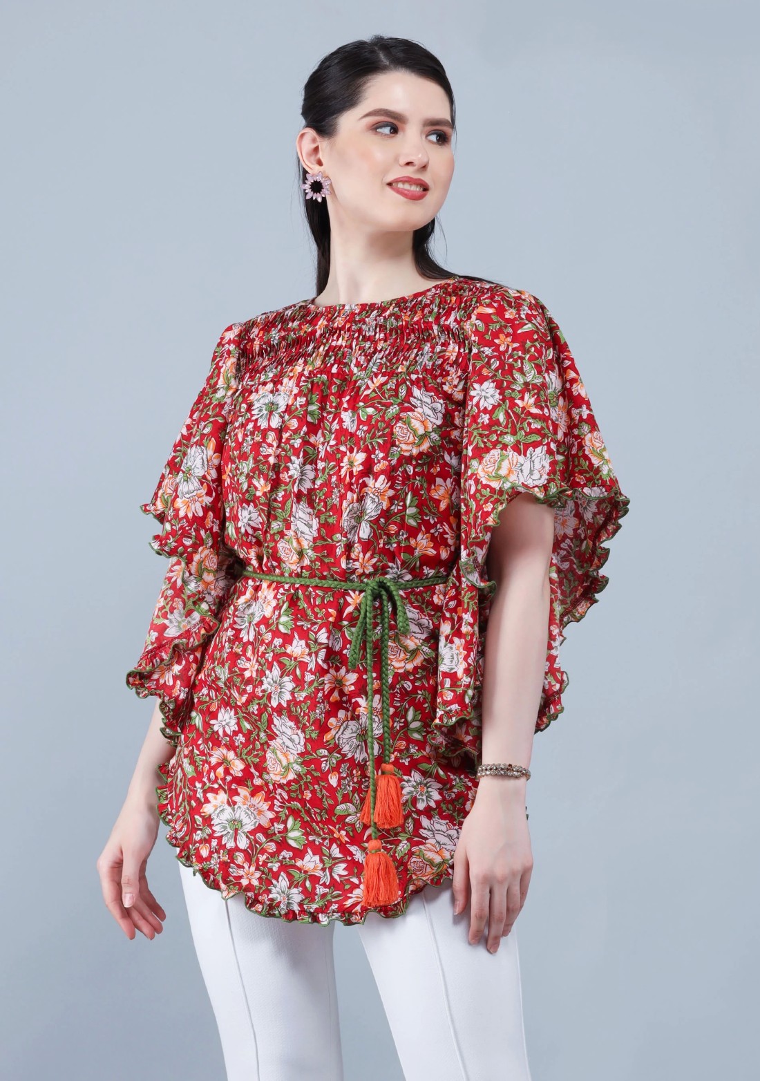 Rust Ethnic Floral Motif Print Cotton Kaftan Top