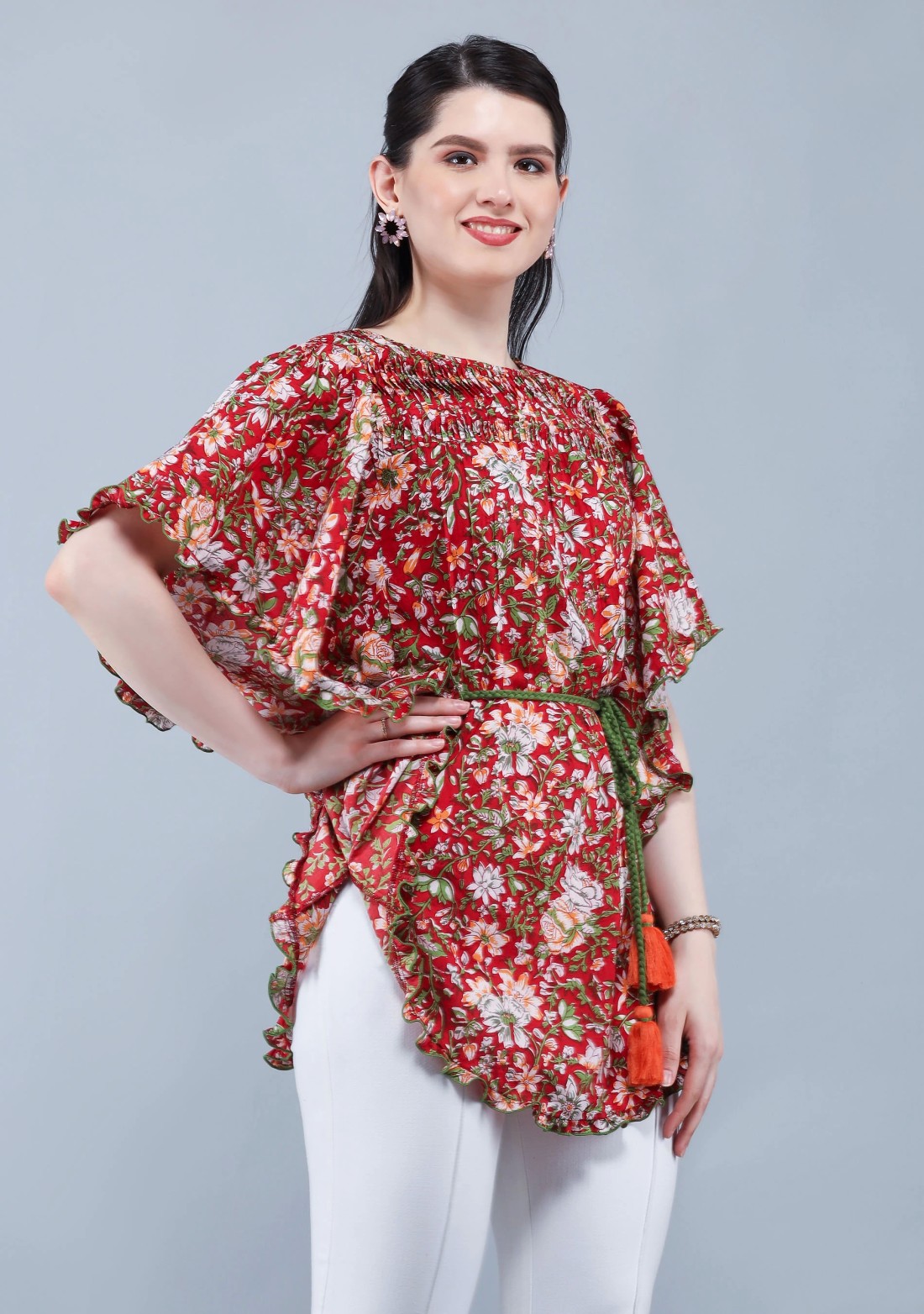 Rust Ethnic Floral Motif Print Cotton Kaftan Top