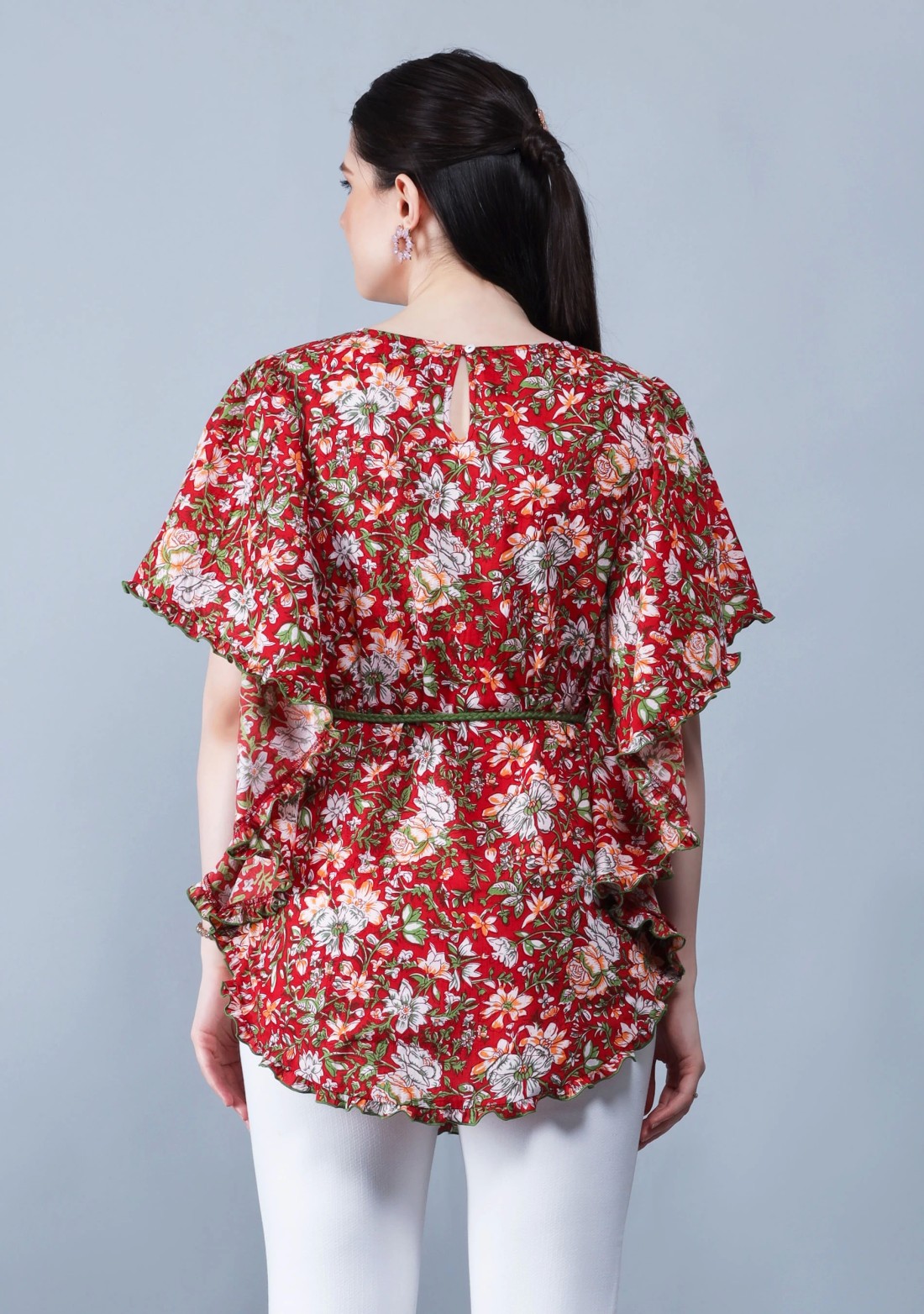 Rust Ethnic Floral Motif Print Cotton Kaftan Top