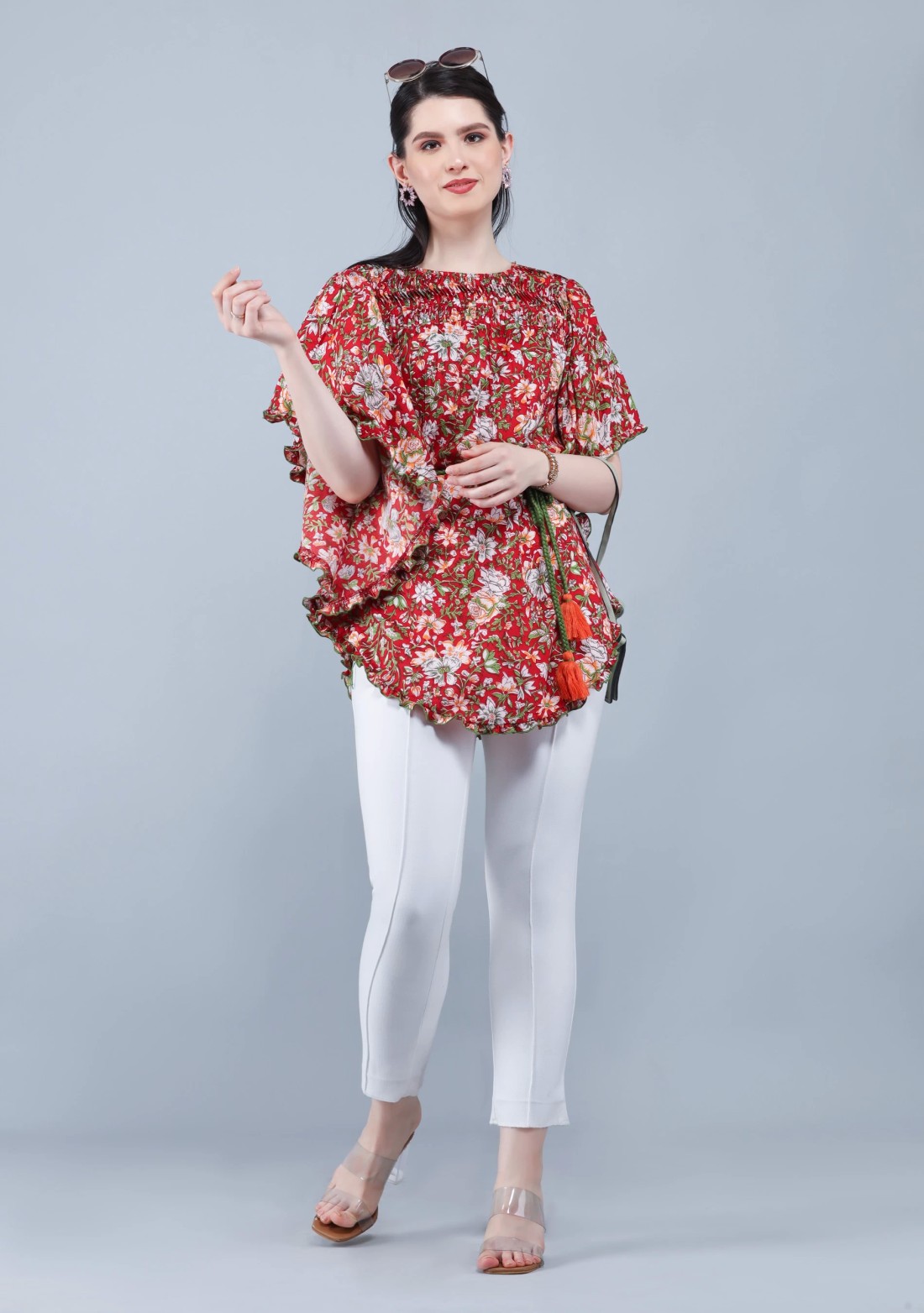 Rust Ethnic Floral Motif Print Cotton Kaftan Top