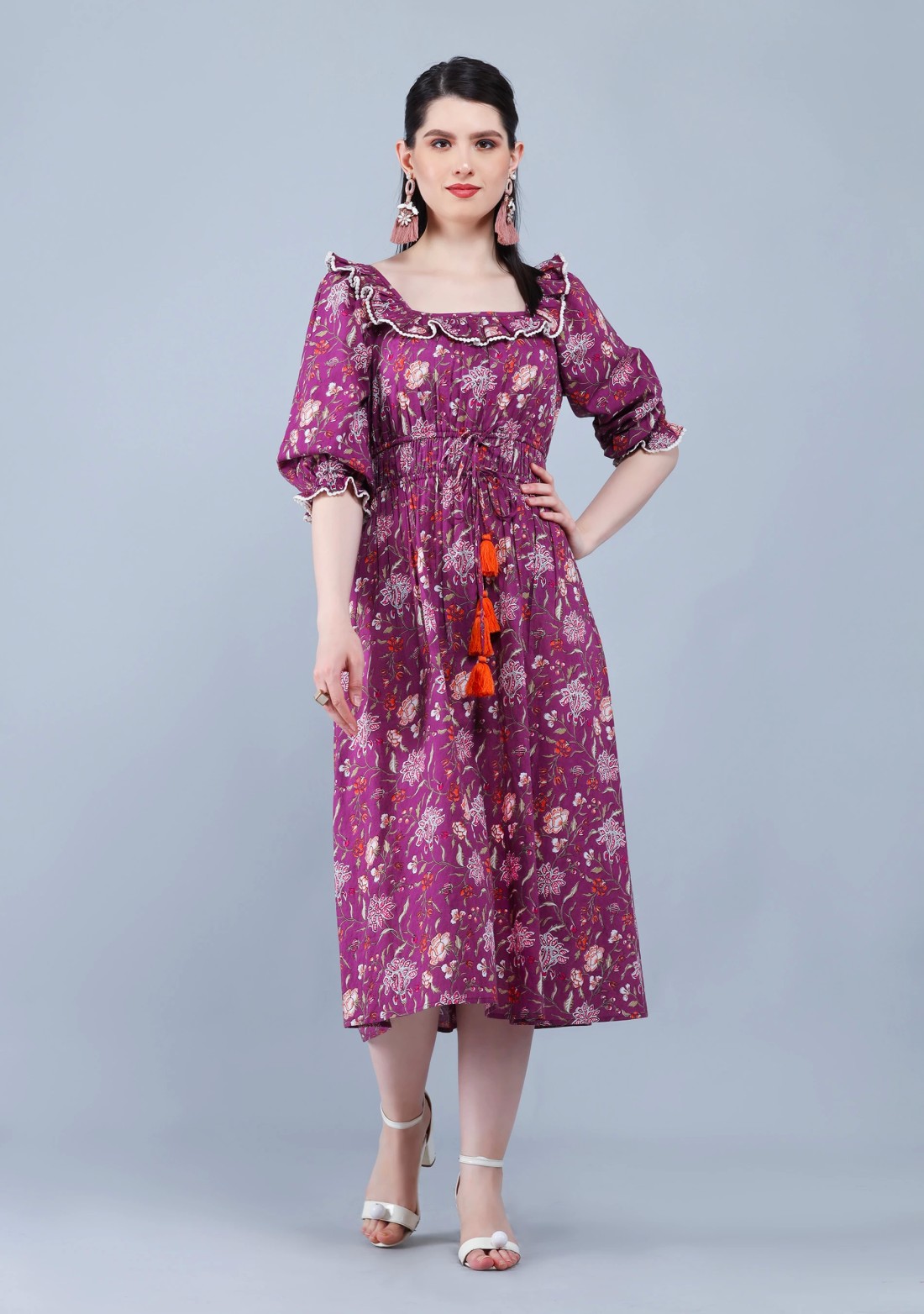 Purple Ethnic Floral Motif Print Cotton Flared Midi Dress