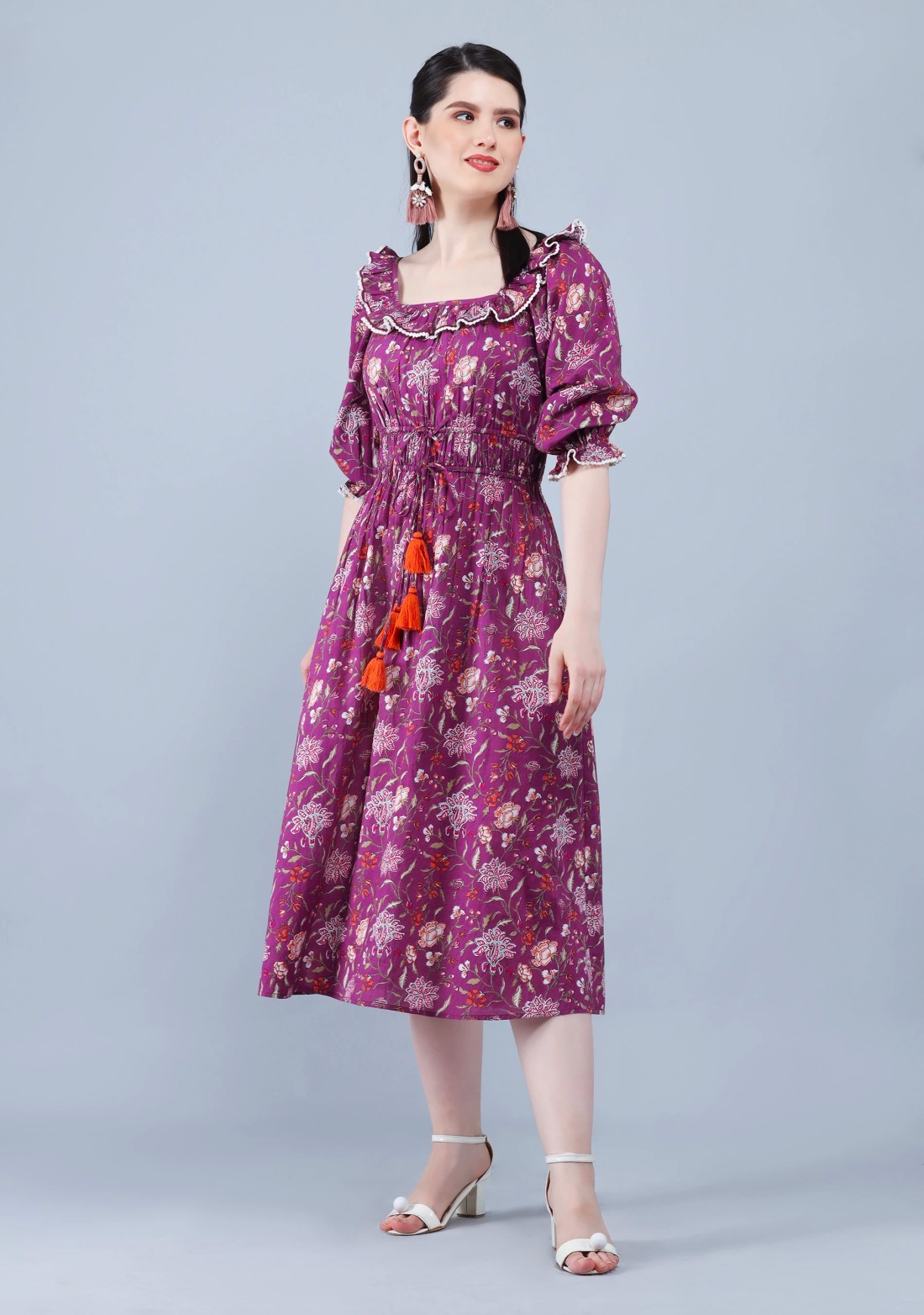 Purple Ethnic Floral Motif Print Cotton Flared Midi Dress