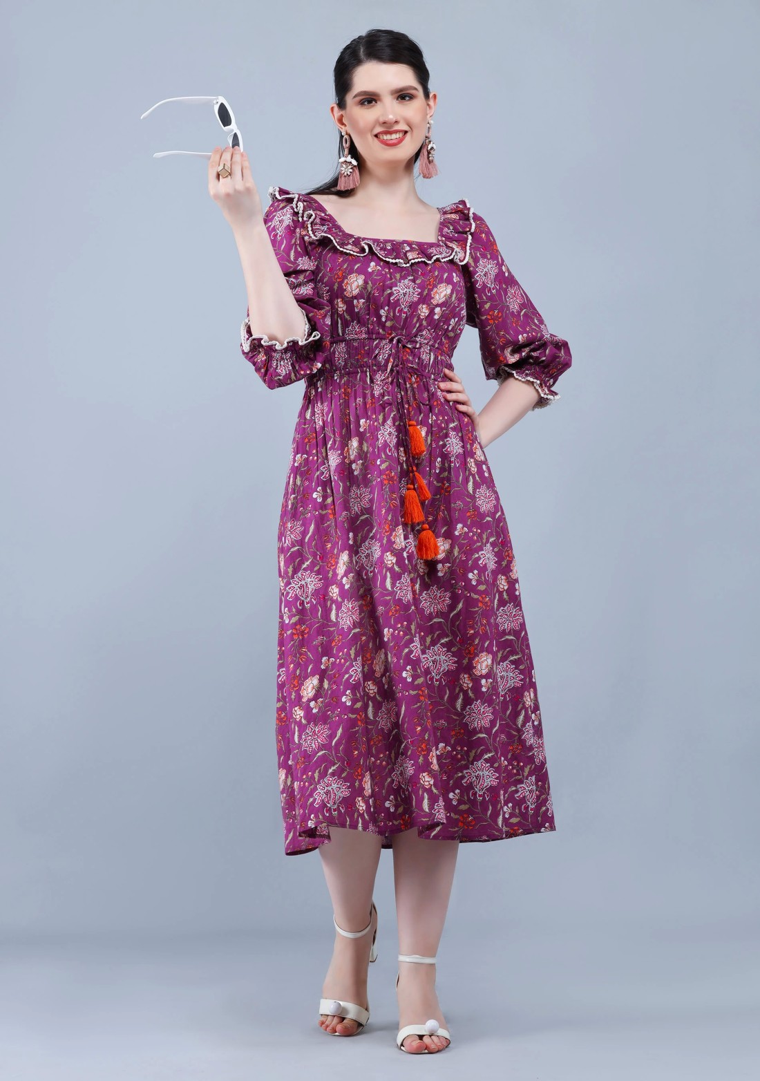 Purple Ethnic Floral Motif Print Cotton Flared Midi Dress