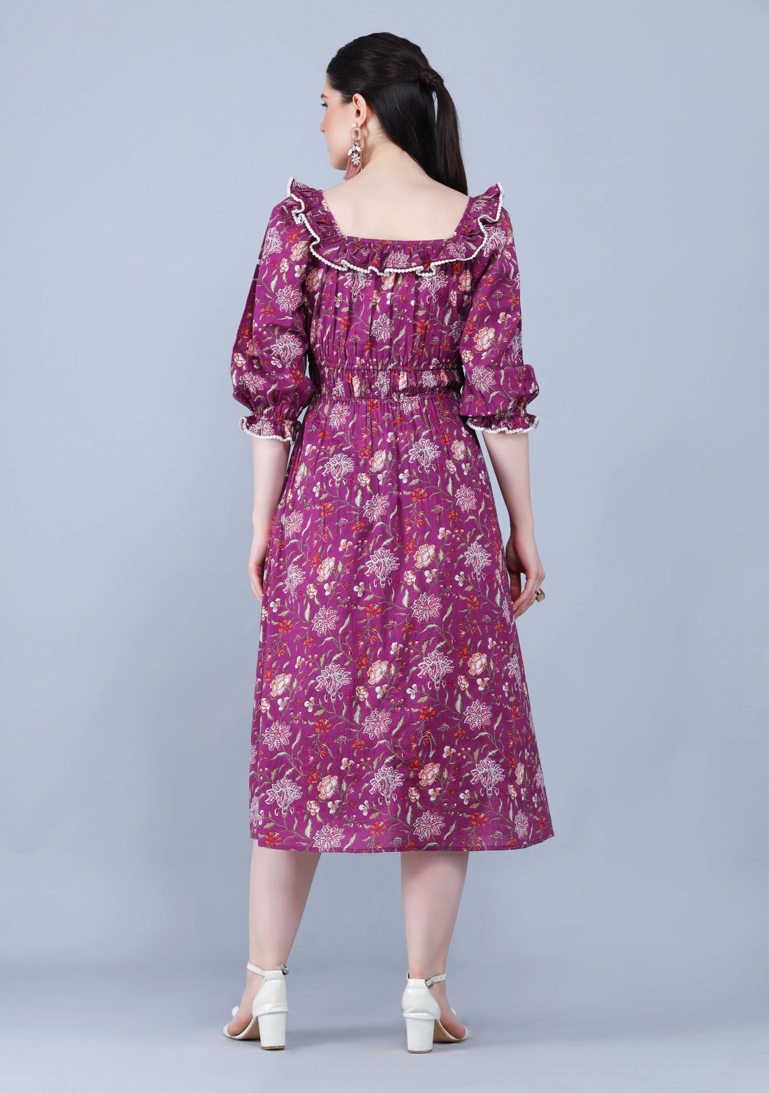 Purple Ethnic Floral Motif Print Cotton Flared Midi Dress